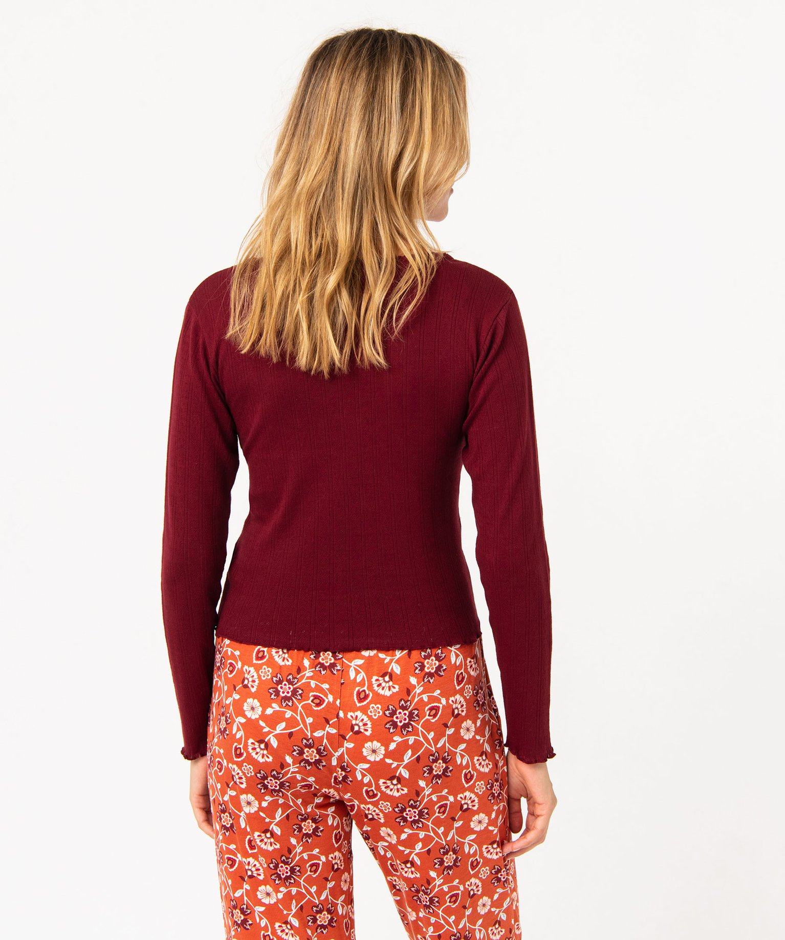Haut de pyjama à manches longues en maille ajourée femme marron | GEMO