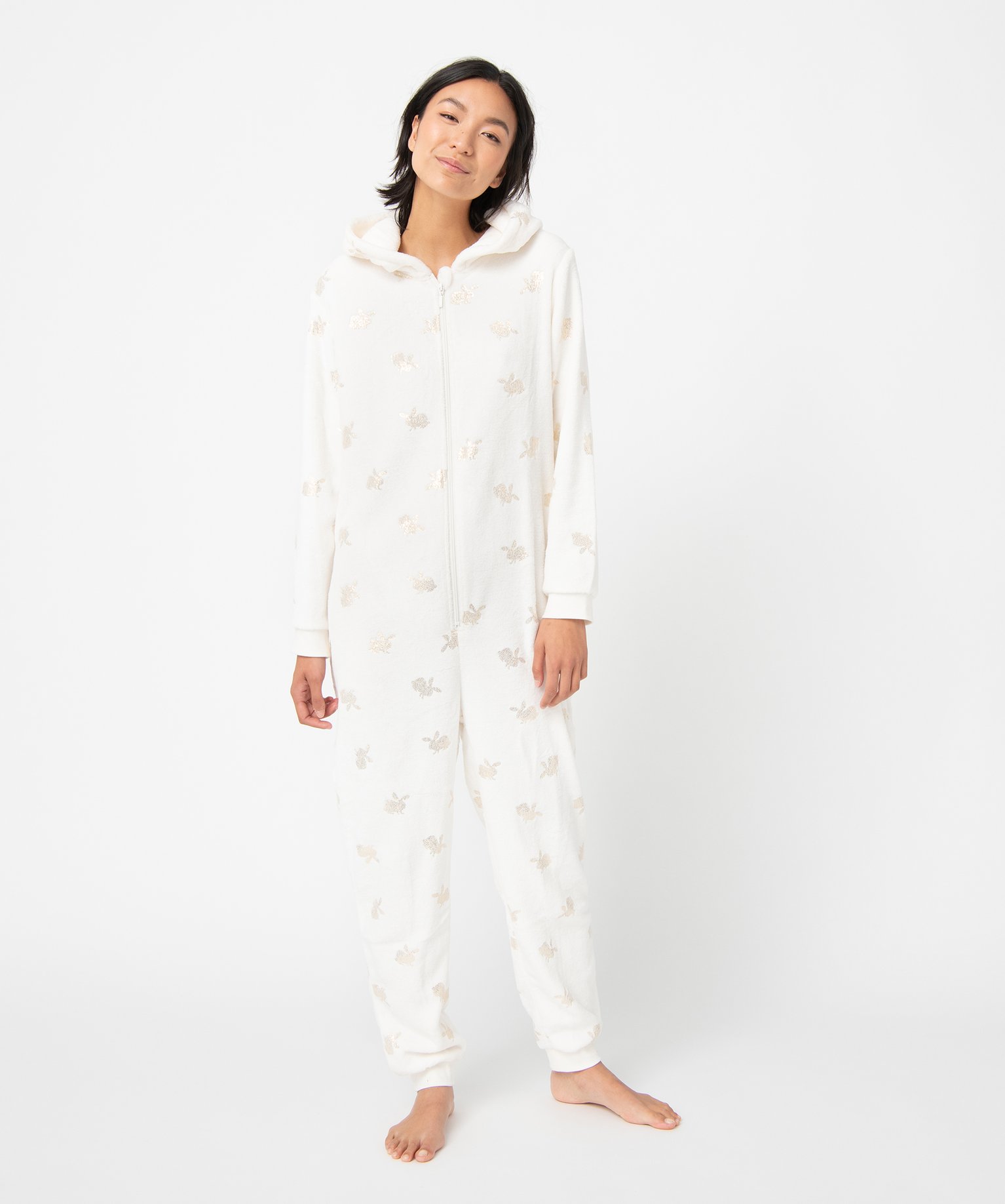 Combinaison pyjama femme en maille peluche à motifs pailletés blanc | GEMO