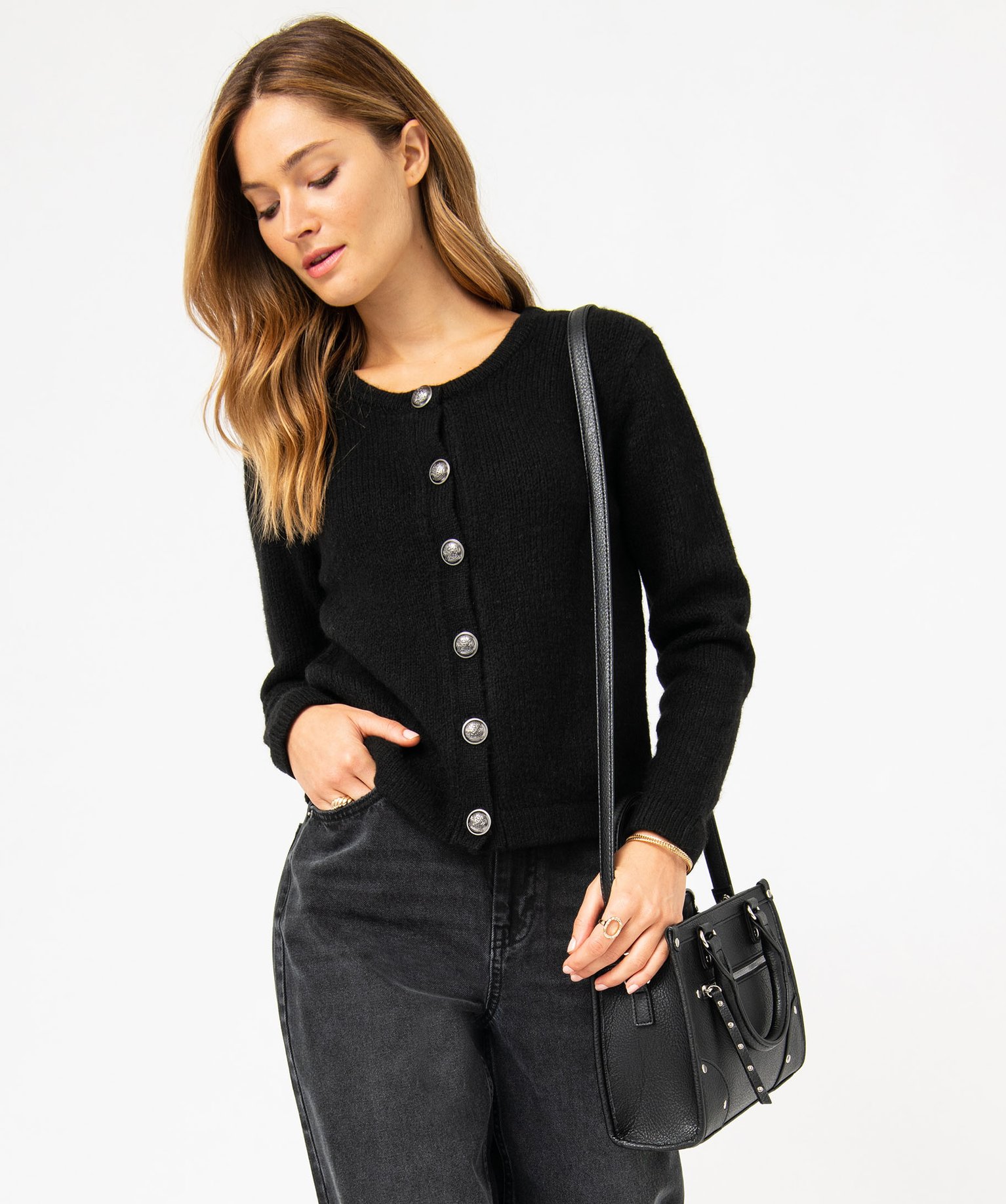 Gilet en grosse maille et boutons gravés femme noir | GEMO