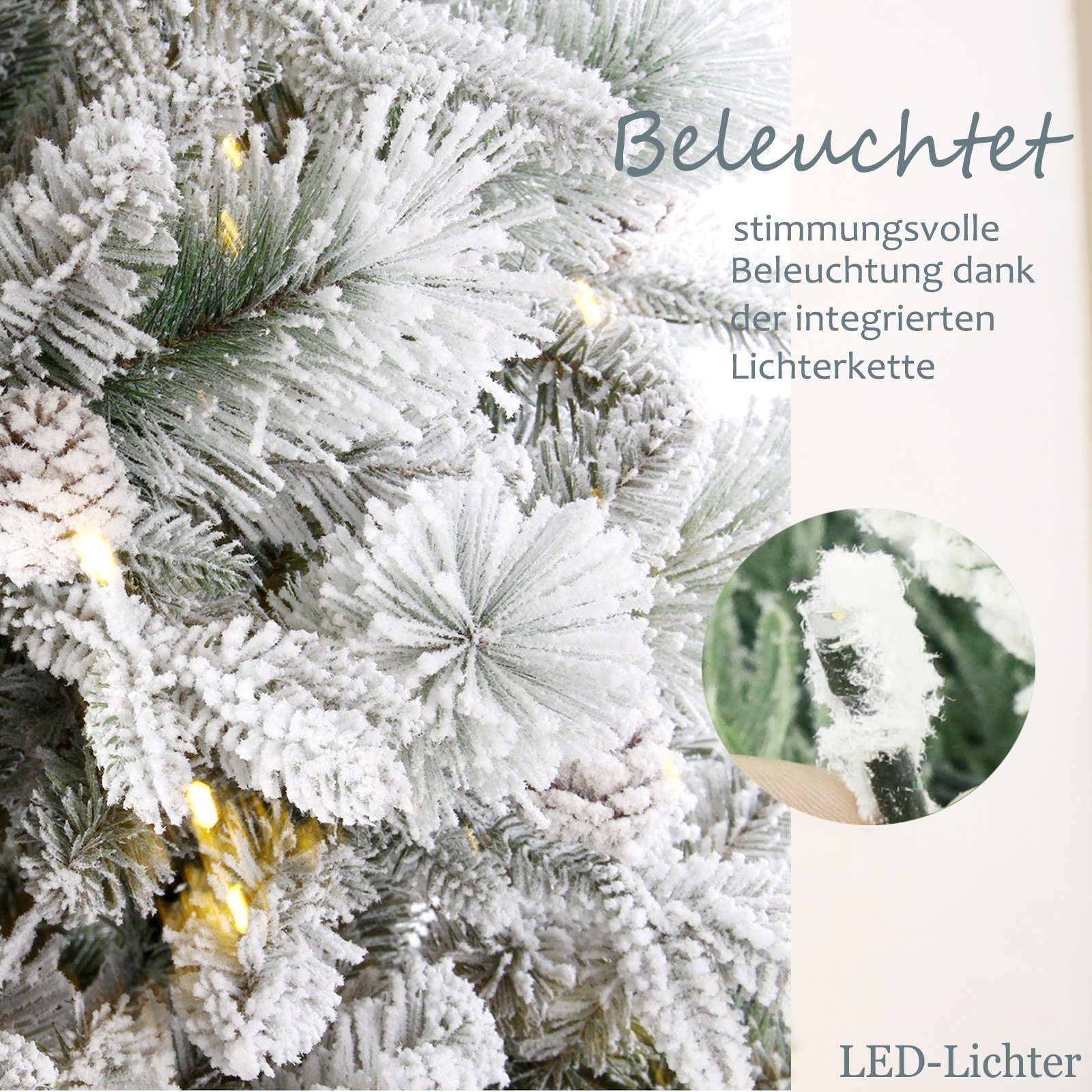TAB Künstlicher Weihnachtsbaum Tannenbaum Weihnachten mit PVC+PE Schnee Nadeln und LED-Lichter, Nordmanntanne mit 1200 Spitzen und 360 LED Lichtern, mit Schnee