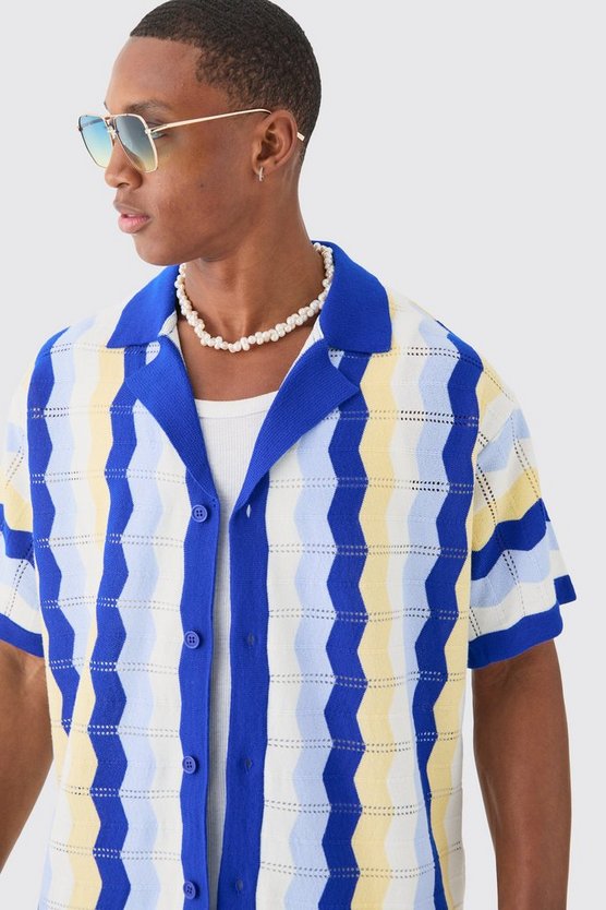 Kastiges gestreiftes Oversize Strick-Hemd