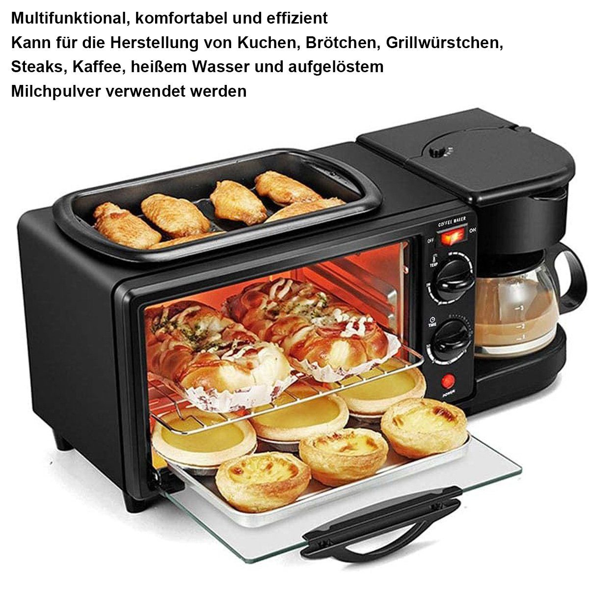 Yoyaxi Frühstücks-Set 3-in-1 Frühstücksstation mit Toaster, Bratpfanne und Kaffeemaschine (1-tlg), Zeitsparende Funktionen und vielseitige Zubereitungsmöglichkeiten