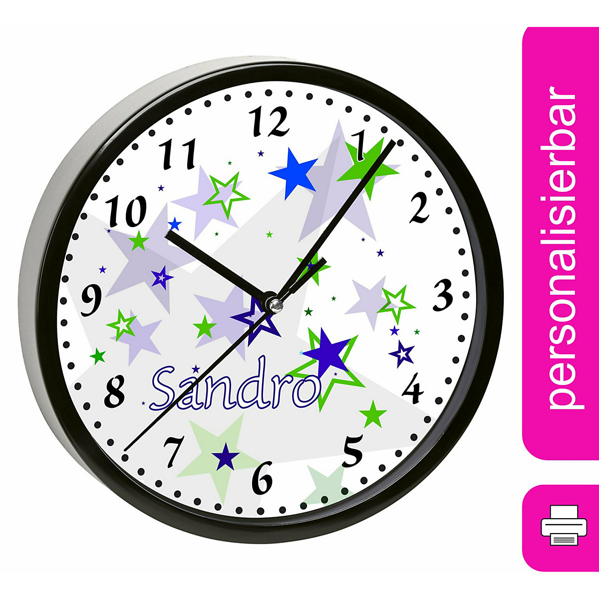 Kinder Wanduhr personalisiert mit Name Sternenhimmel Blau Grün