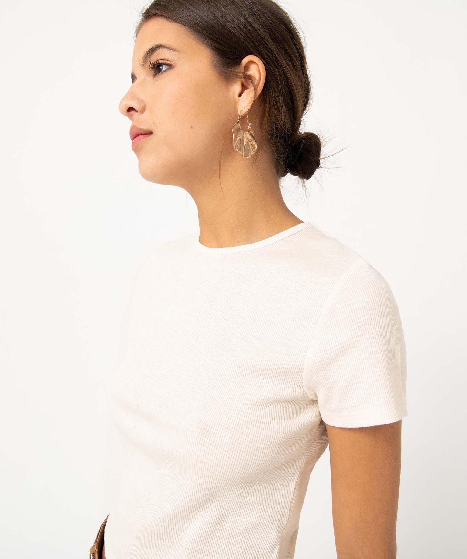 Tee-shirt femme à manches courtes en maille ctelée ecru | GEMO