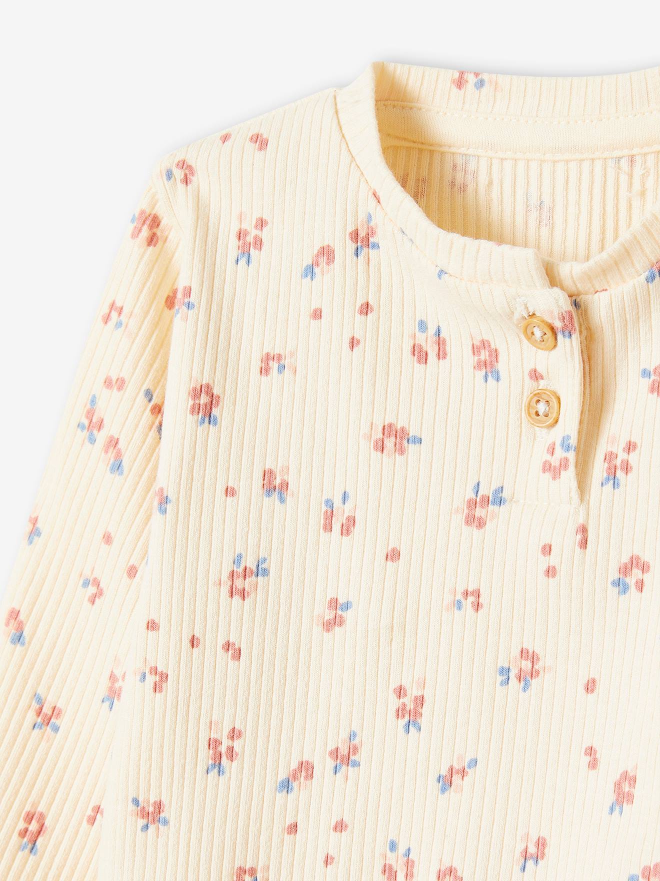 T-shirt en maille côtelée bébé manches longues beige clair imprimé