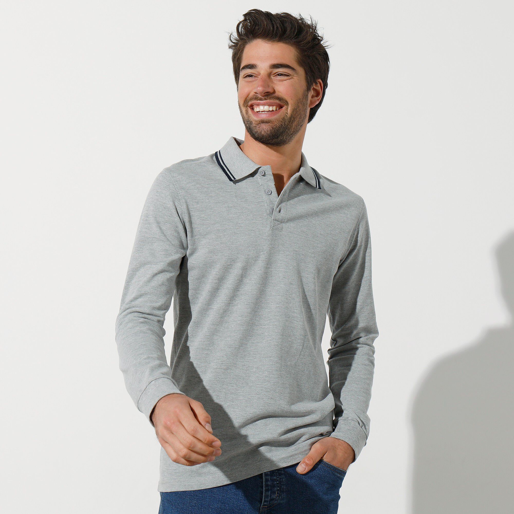 Polo uni maille piquée manches longues