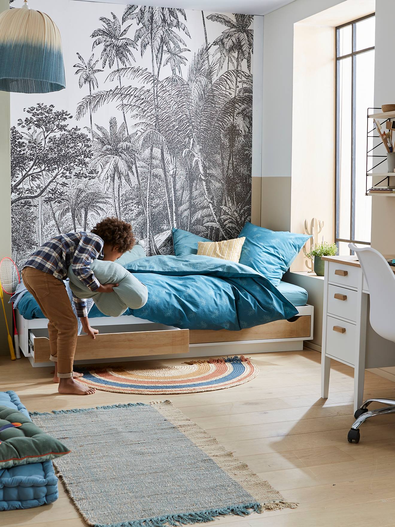 Vertbaudet Kinder Bett mit Schubladen SCHOOL - weiß/natur