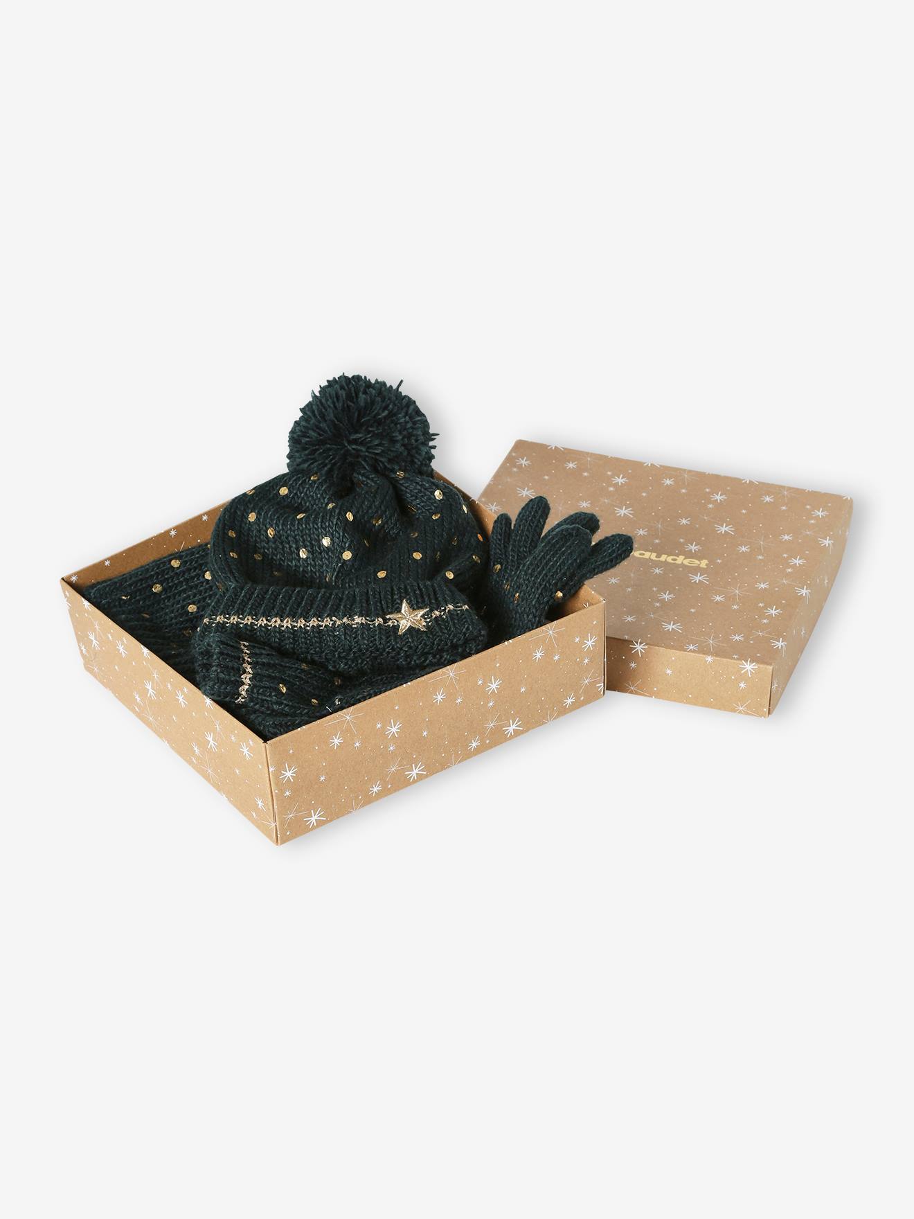 Vertbaudet Mädchen Weihnachts-Geschenkset: Mütze, Rundschal & Fingerhandschuhe - grün