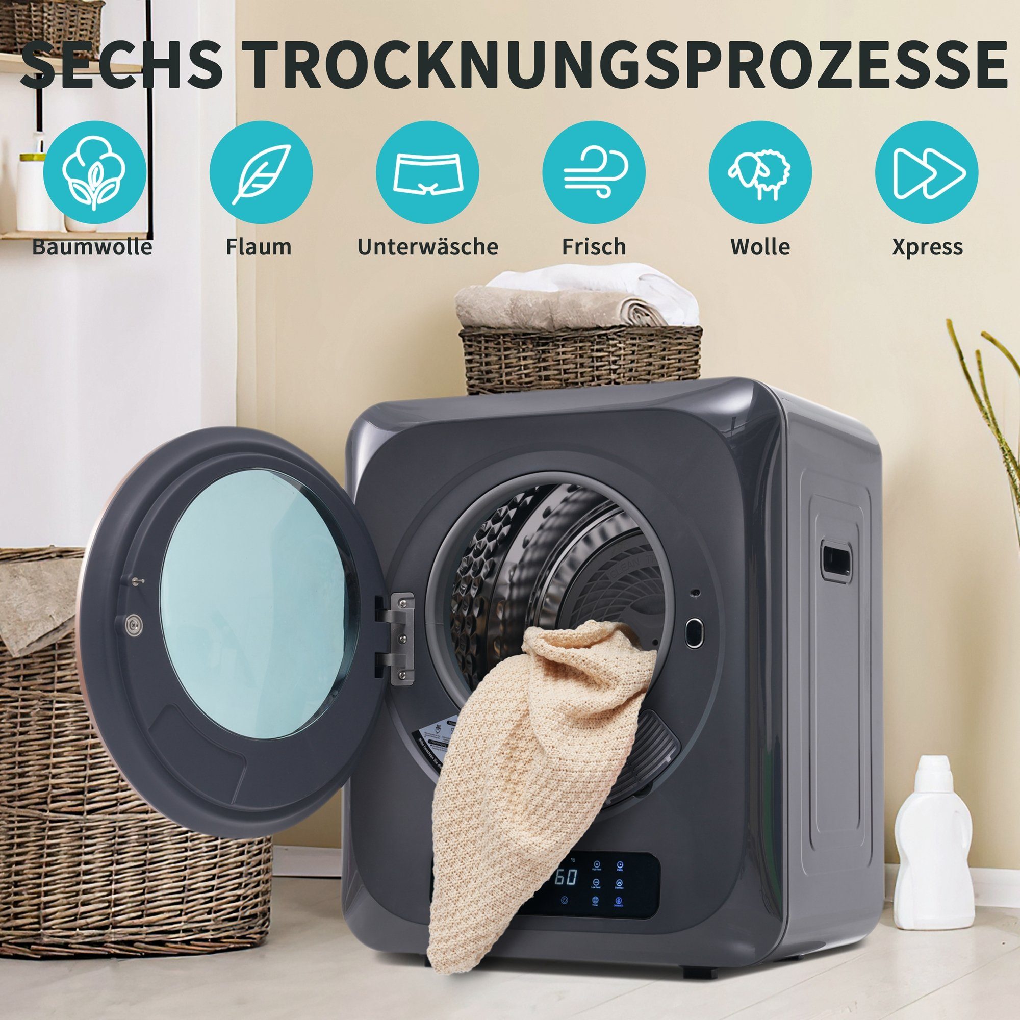 PFCTART Ablufttrockner Edelstahltrockner,850W, Mehrfachfiltration,6 Funktionen,Sterilisation, 4 kg