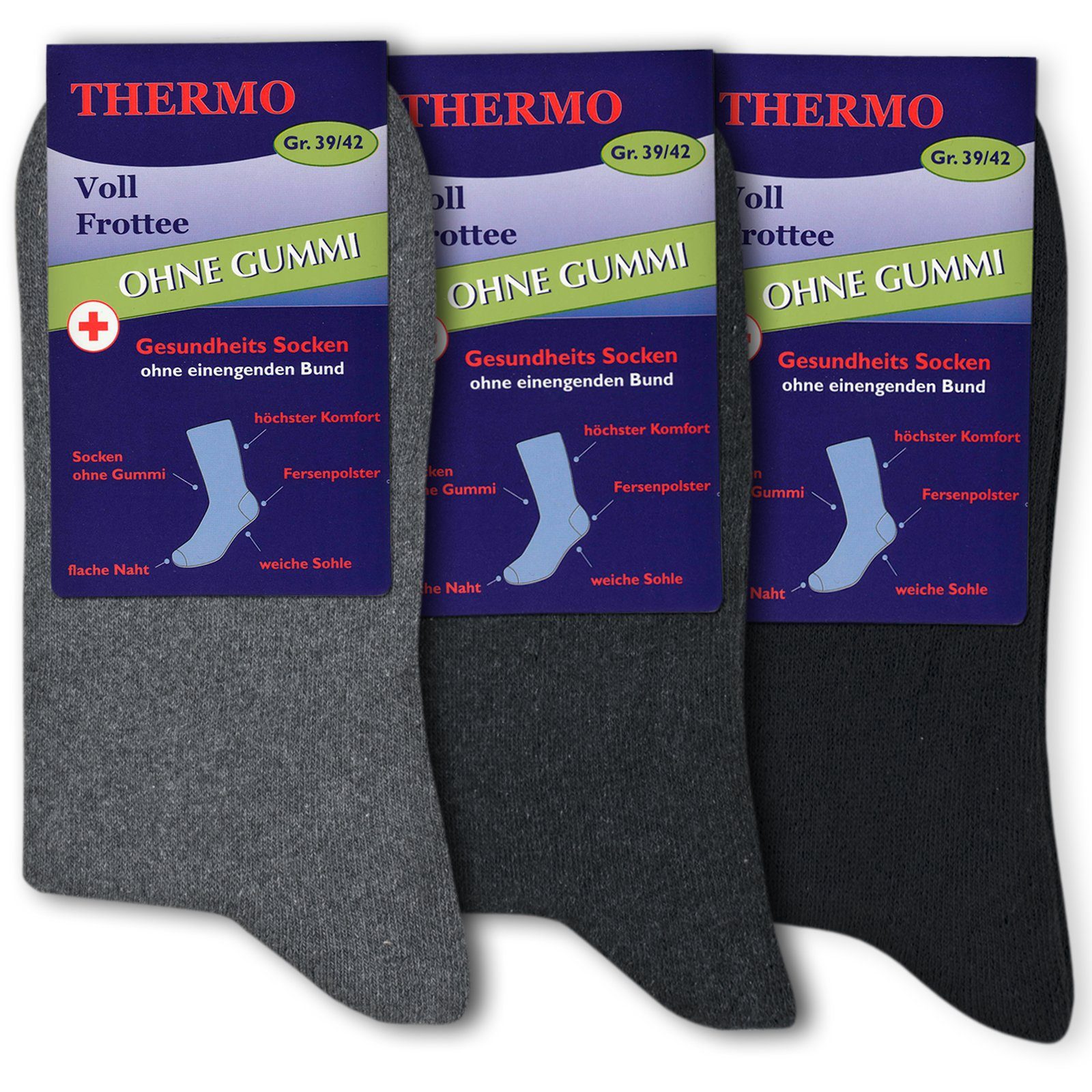 Die Sockenbude Basicsocken THERMO (Bund, 3-Paar, grau schwarz) Diabetikersocken ohne einengenden Bund ohne Gummi
