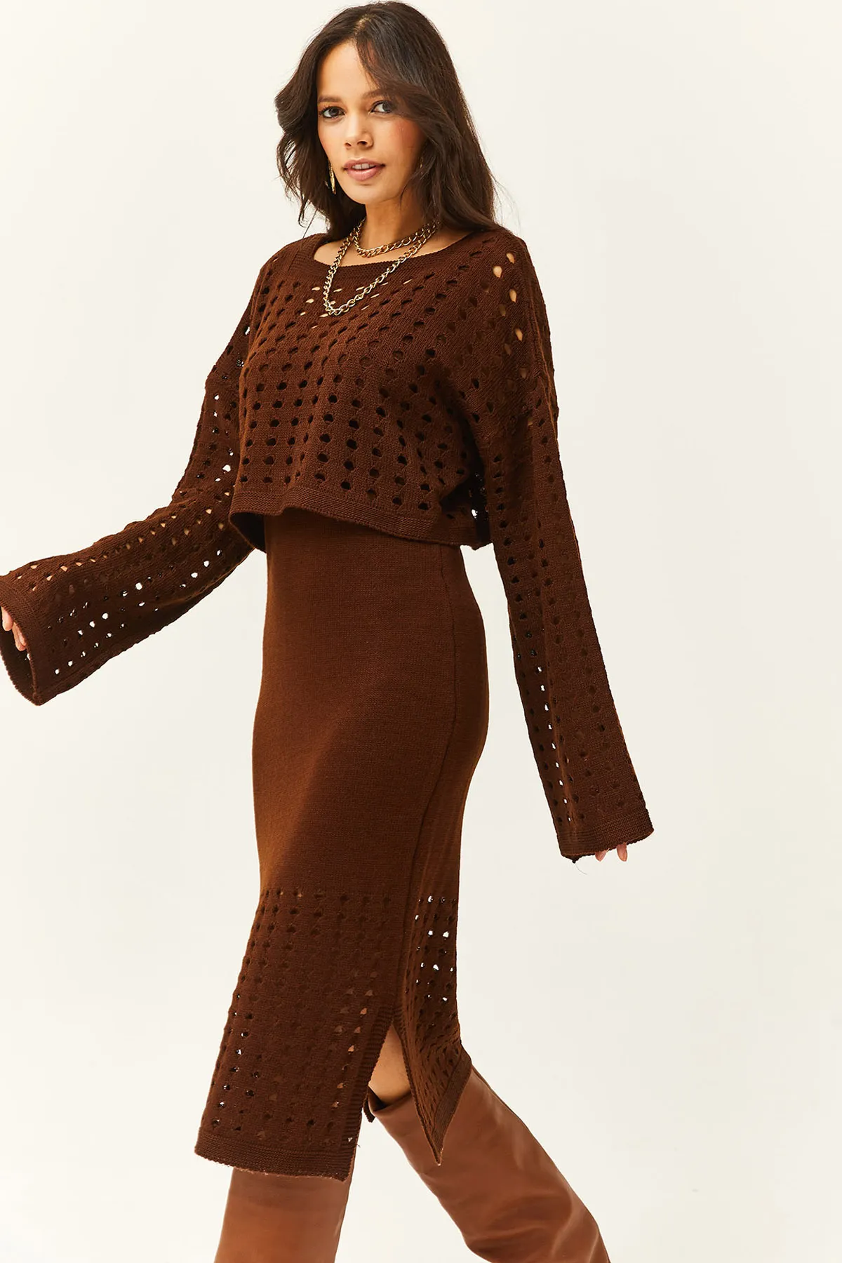 Olalook  Damenoberteil, durchbrochener Pullover, unten, durchbrochenes Kleid, Strickanzug, Bitterbraun, TKM-19000246