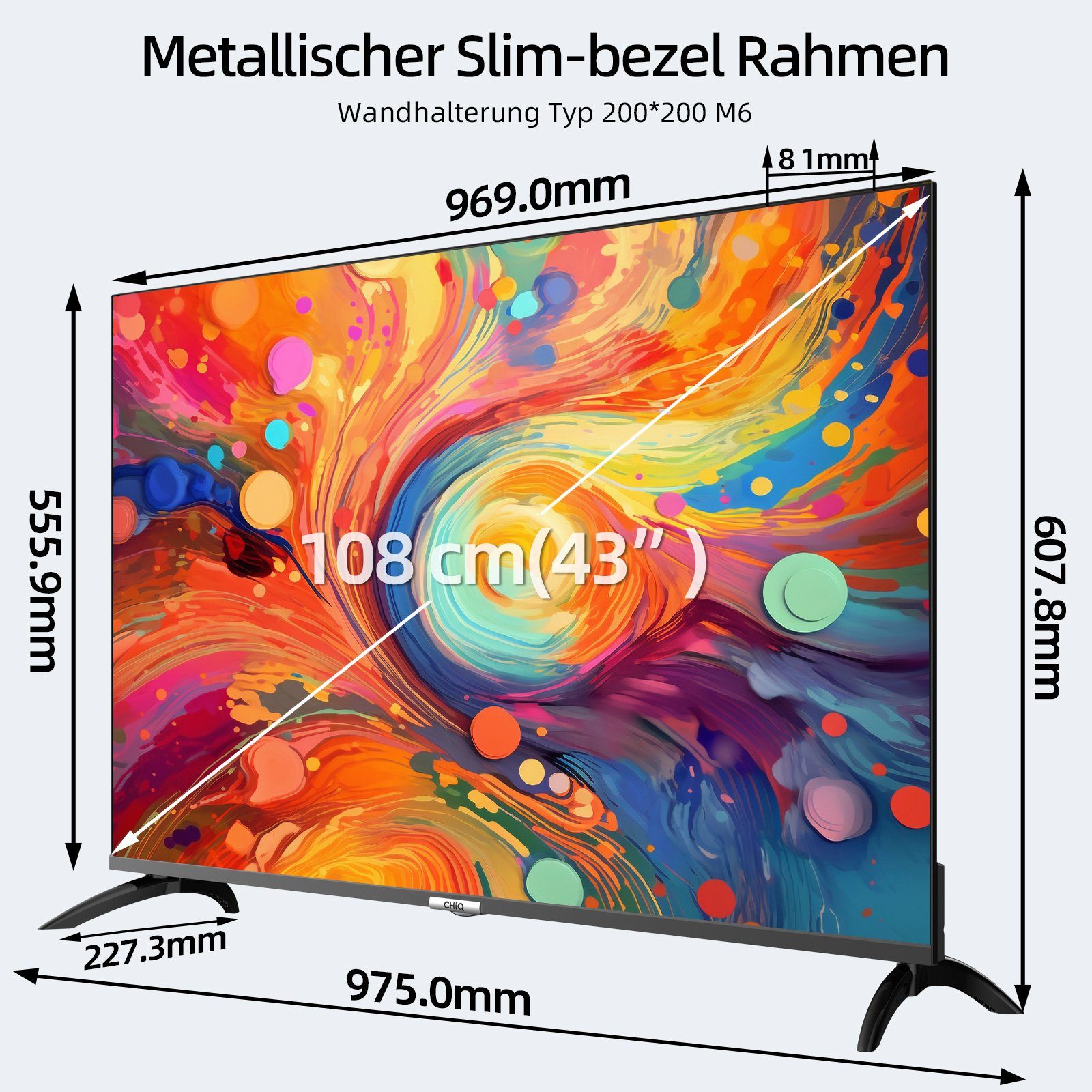 CHiQ U43QM8G QLED-Fernseher (108,00 cm/43 Zoll, 4K Ultra HD, Smart-TV, Google TV, 330nit, WCG,Metall Rahmenlos Design,Google Assistant)