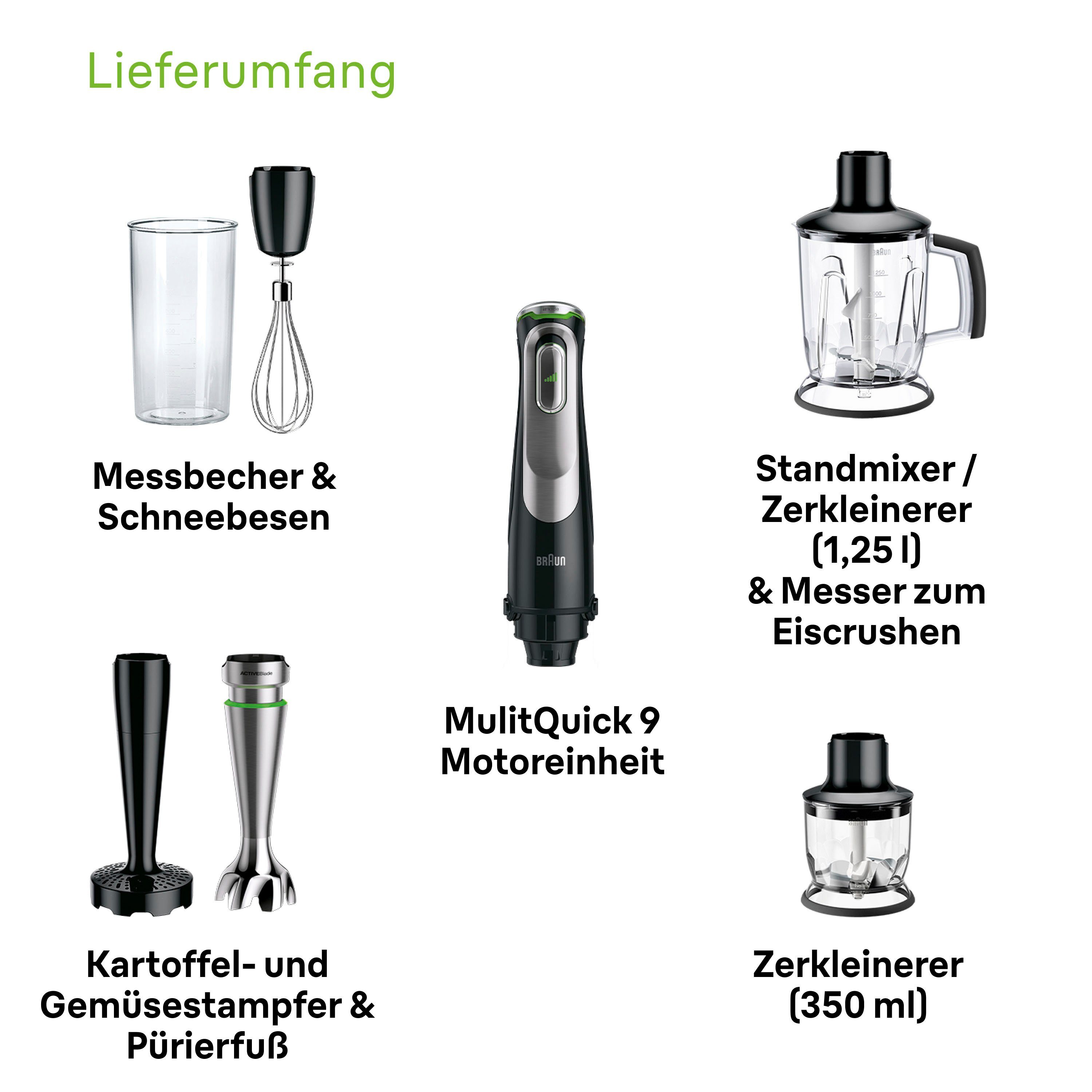 Braun Stabmixer MQ 9147X MultiQuick 9, 1200 W, Schneebesen, Mixeraufsatz, Zerkleinerer, Gemüsestampfer, 0,6l Behälter