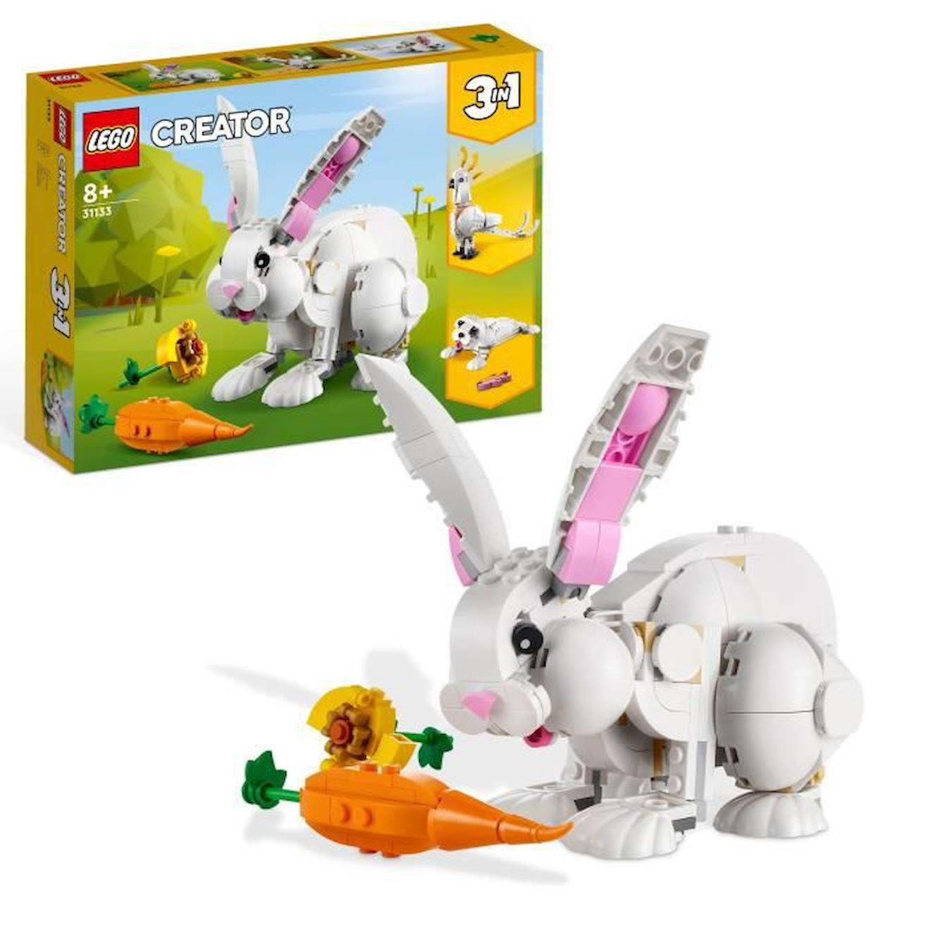 LEGO Creator 3-en-1 31133 Le Lapin Blanc, avec des Figurines Animaux Poissons, Phoques et Perroquets blanc