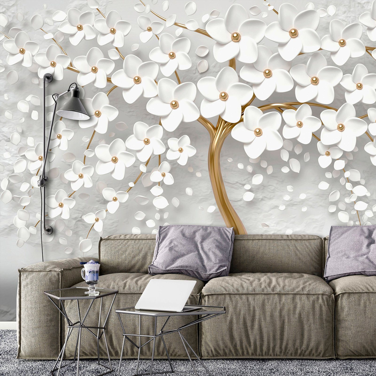 Consalnet Vliestapete 3D Baum mit Blumen, botanisch, abstrakt, modern, fototapete für Wohnzimmer oder Schlafzimmer