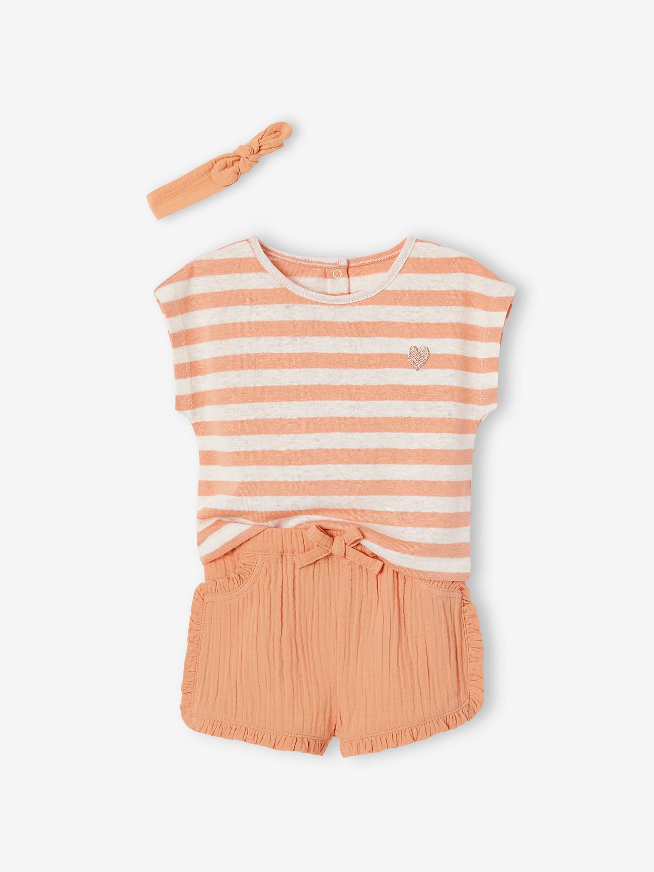 Vertbaudet Baby-Set: T-Shirt, Shorts & Kopftuch - orange