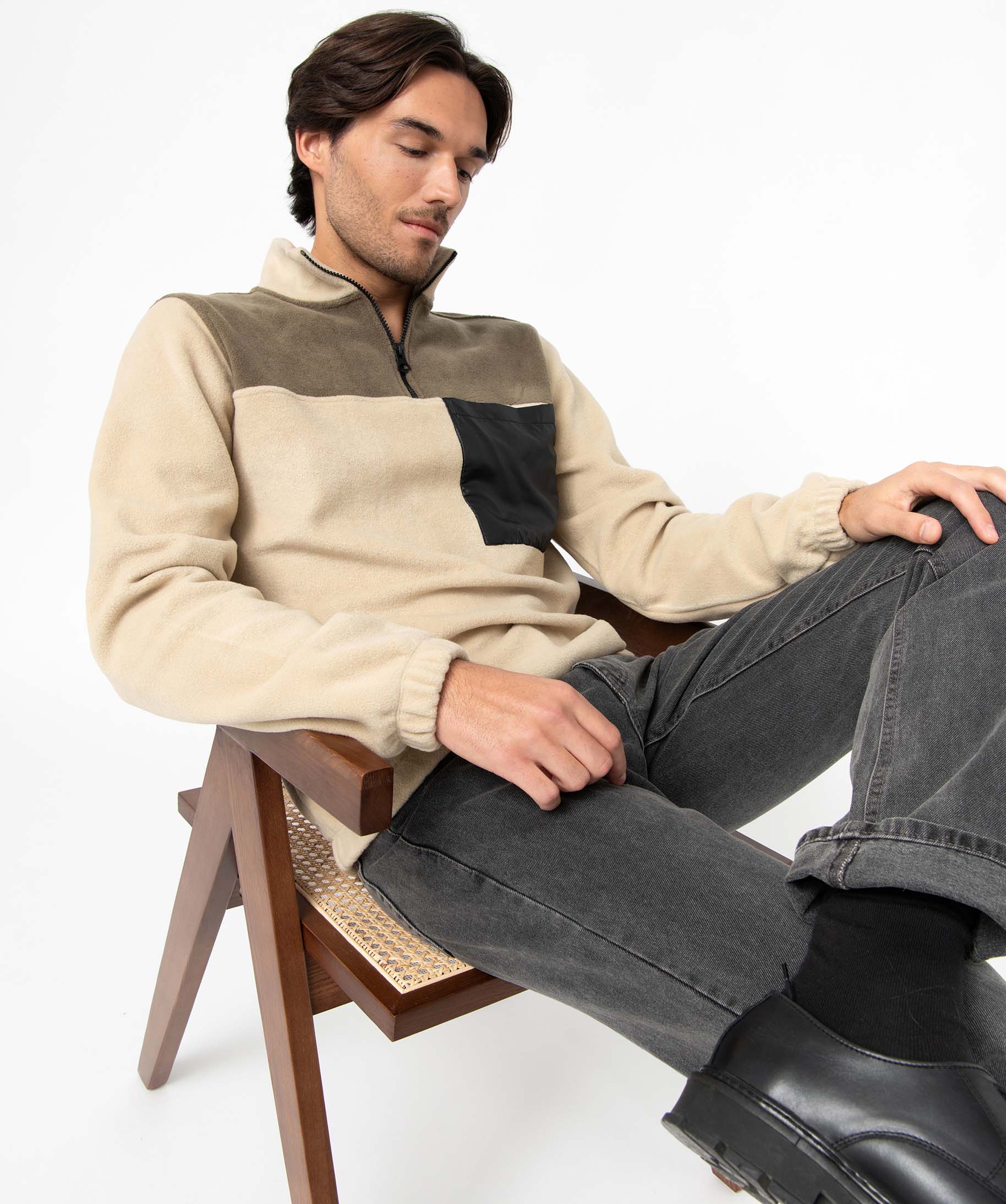 Sweat homme en maille polaire à col zippé ecru | GEMO