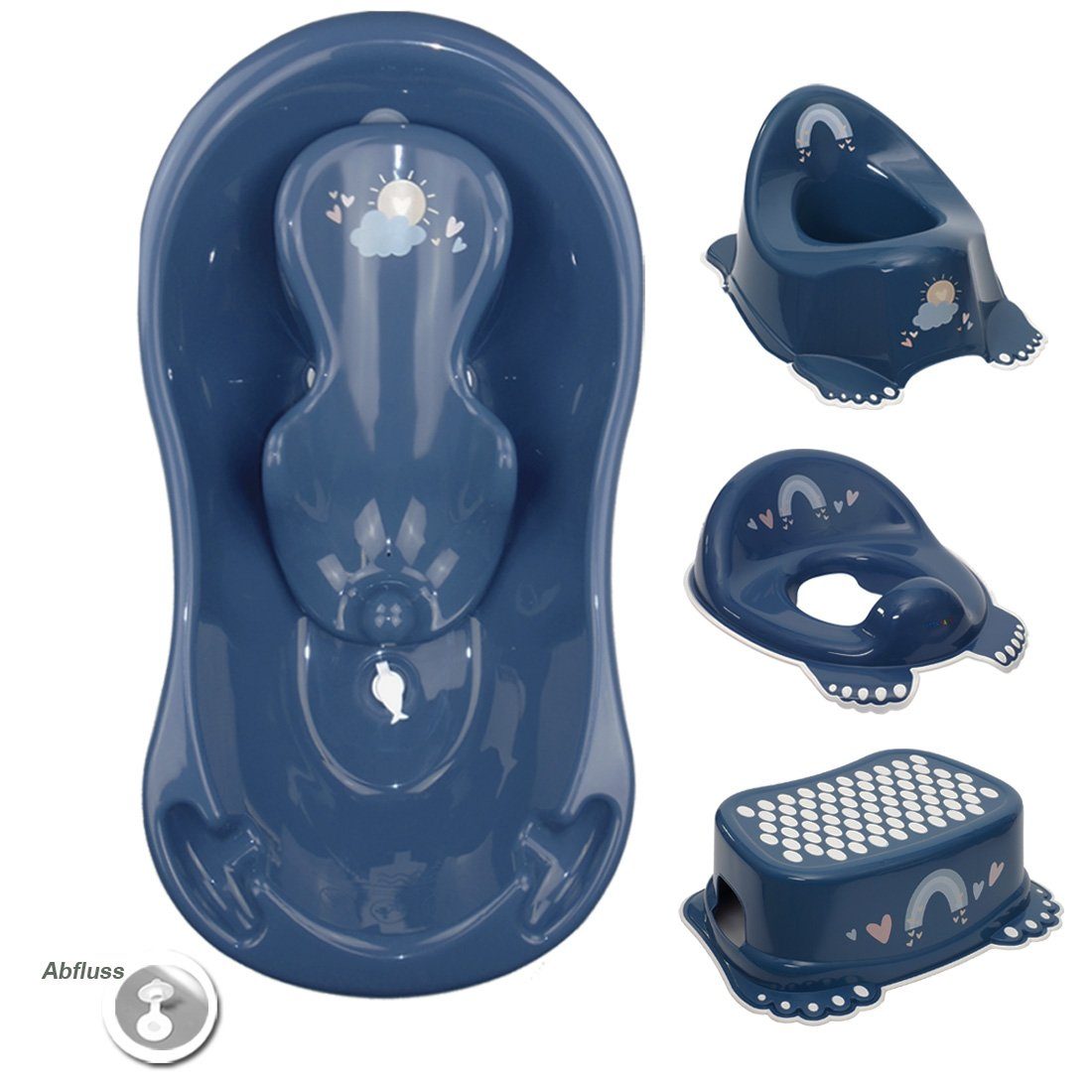 Tega-Baby Babybadewanne 5 Teile SET - METEO Blau - -Babybadeset Wanne Pflege Zubehör, (Made in Europe Premium.set), Babybadewanne + Badesitz + Töpfchen + Wc Aufsatz + Hocker