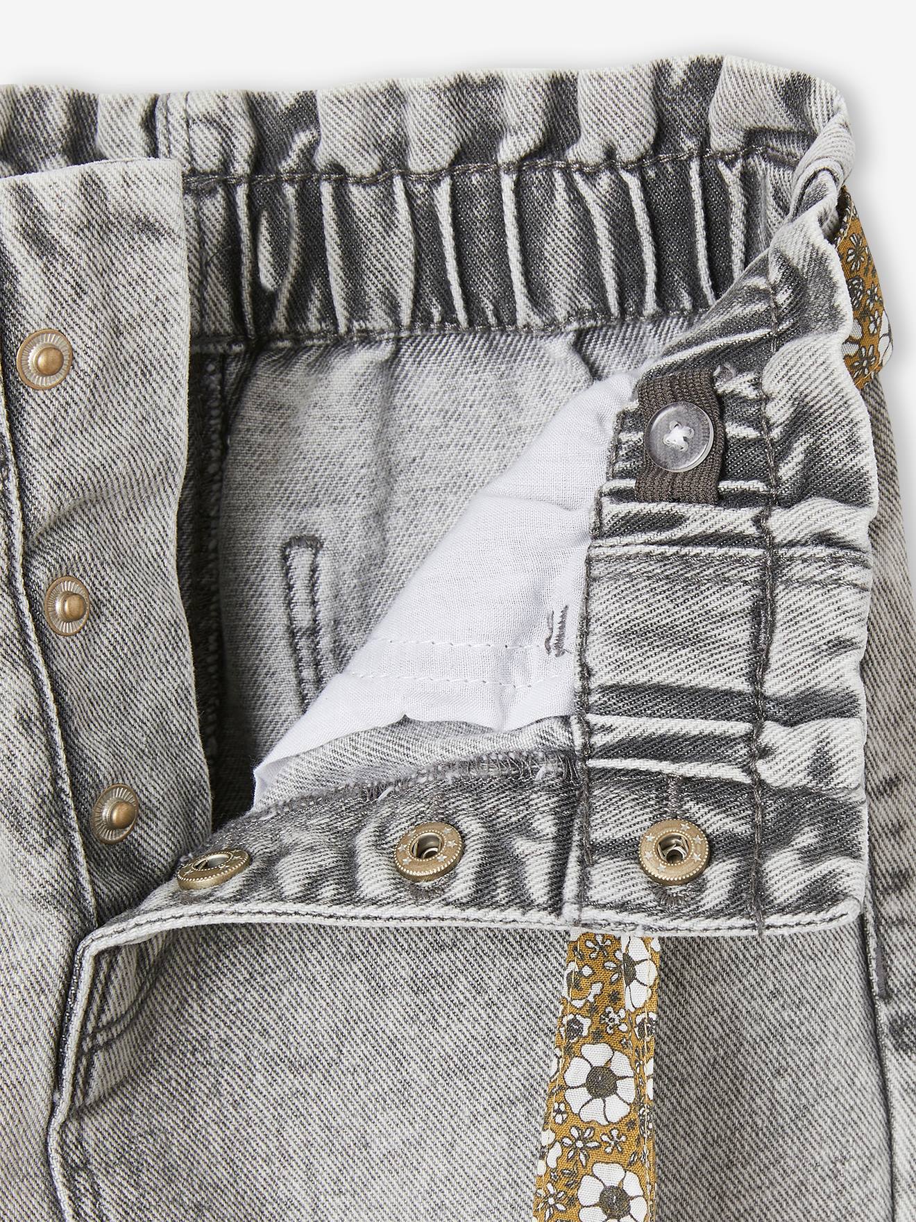 Vertbaudet Mädchen Paperbag-Jeans mit Blumen-Gürtel - grauer denim