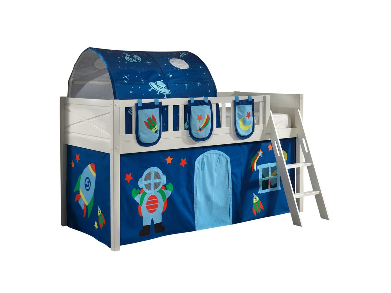VIPACK Spielbett SCOTT, LF 90 x 200 cm, mit Rolllattenrost, Leiter und Textilset Vorhang, Tunnel und 3 Taschen 