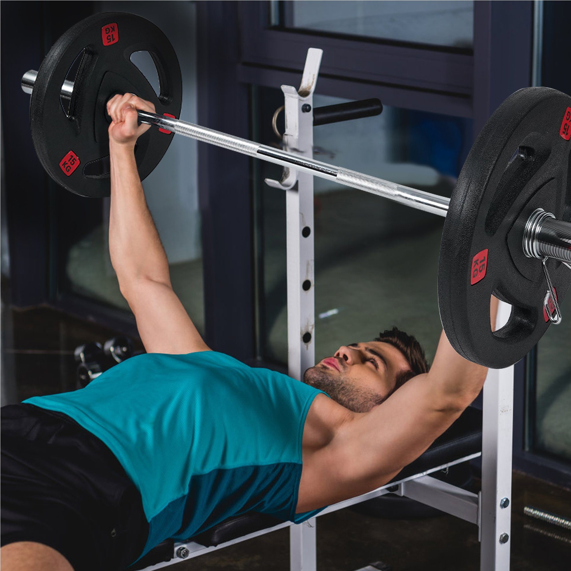 wuuhoo Hantelscheibe Olympische Hantelscheiben Ray 50mm, 2er Set I Weight Plates gummiert mit Stahlkern I Langhantelgewichte mit Griffen und Stahlbuchse I schwarz mit Gewichtsangabe