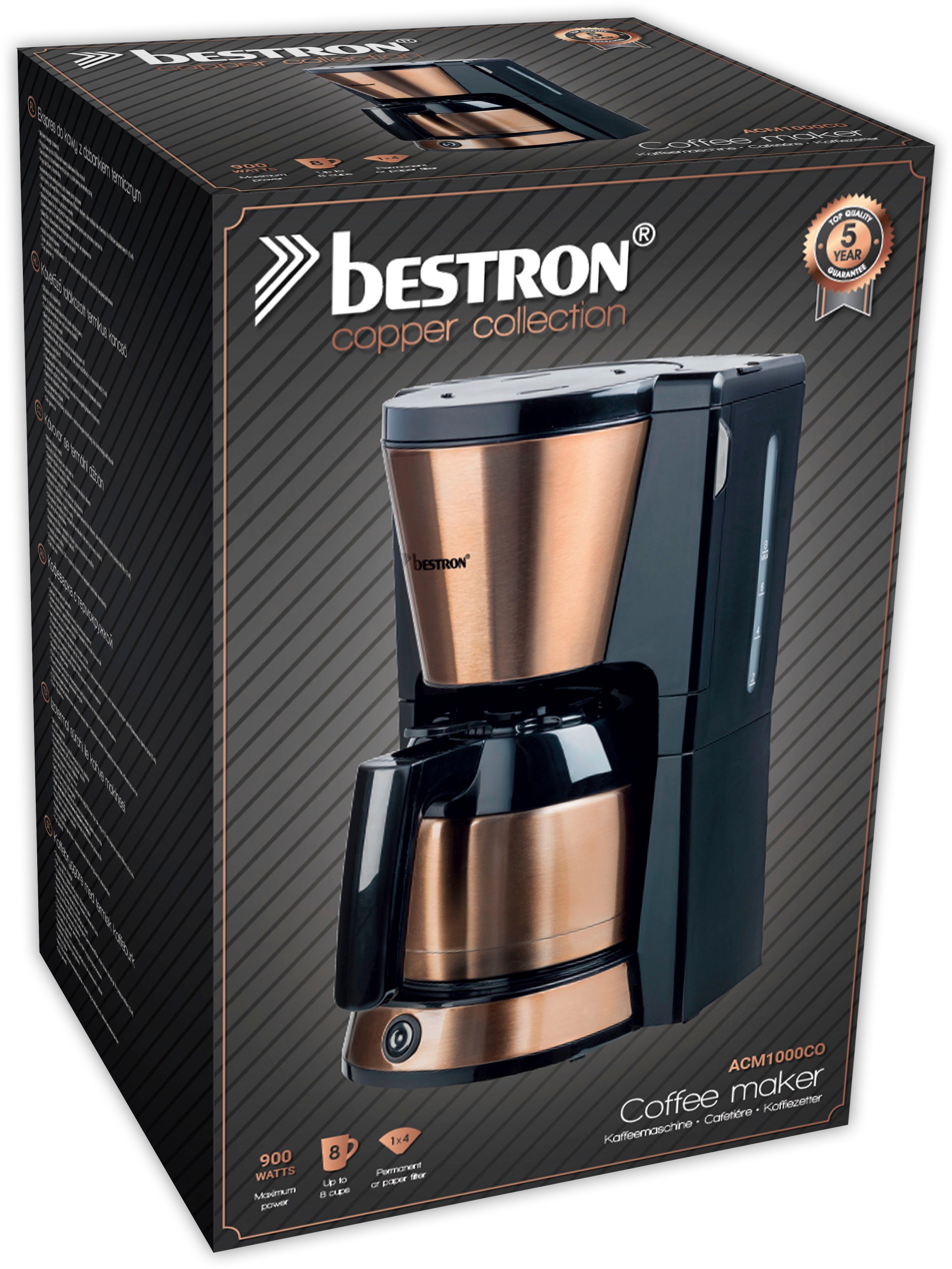 bestron Filterkaffeemaschine ACM1000CO, 1l Kaffeekanne, Papierfilter 1x4, mit Thermokanne, 8 Tassen, 900 W, Edelstahl in Kupfer -Optik