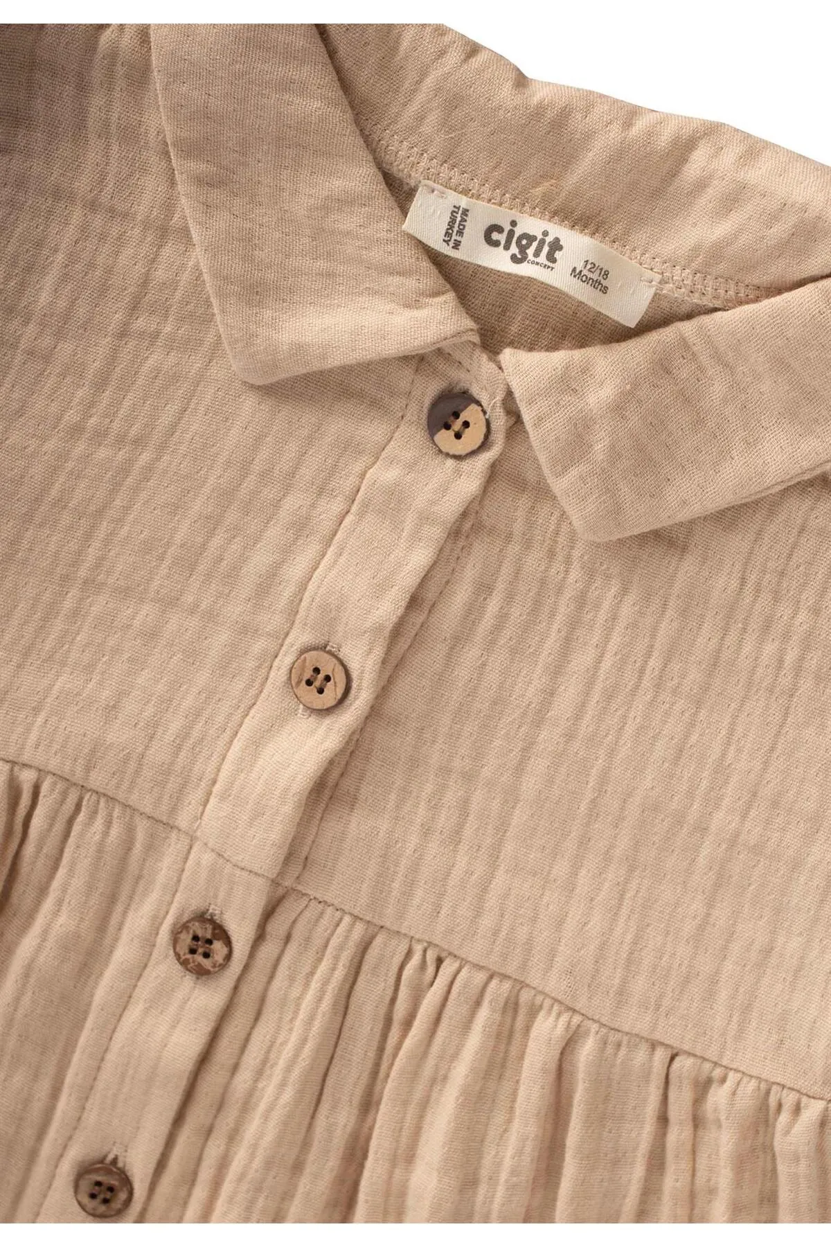 Cigit  Gerafftes Musselin-Kleid mit Kragen für Babys, 1–7 Jahre, Cremefarben