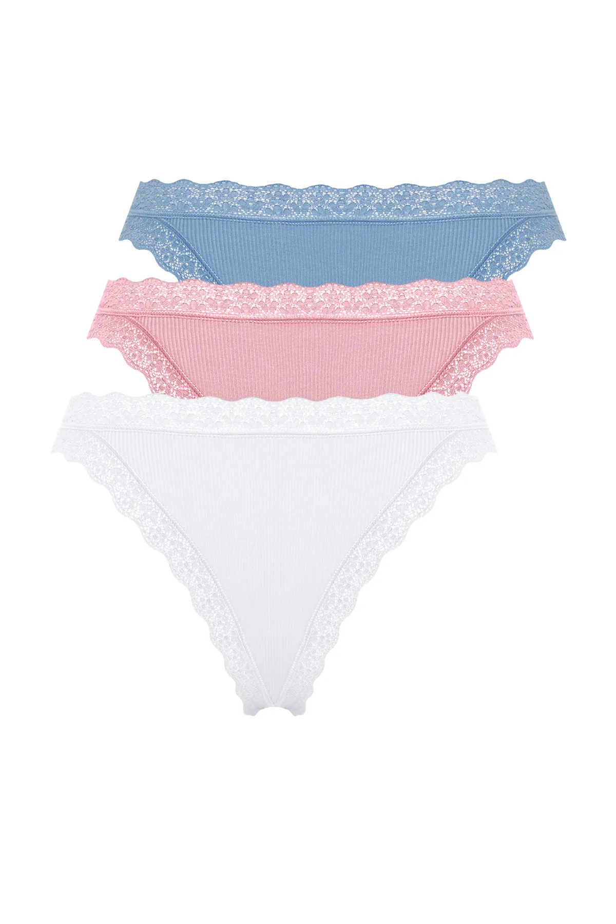 Trendyol Collection  Weiß-Rosa-Blau, 3er-Pack, 100 % Baumwolle, schnurgebundene Spitze, detaillierte String-Strickhöschen THMSS24KU00004