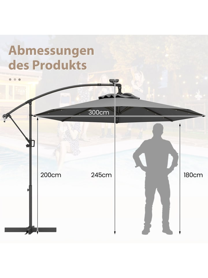 COSTWAY 300cm Sonnenschirm mit LED-Solar-Beleuchtung in Anthrazit günstig kaufen onesize