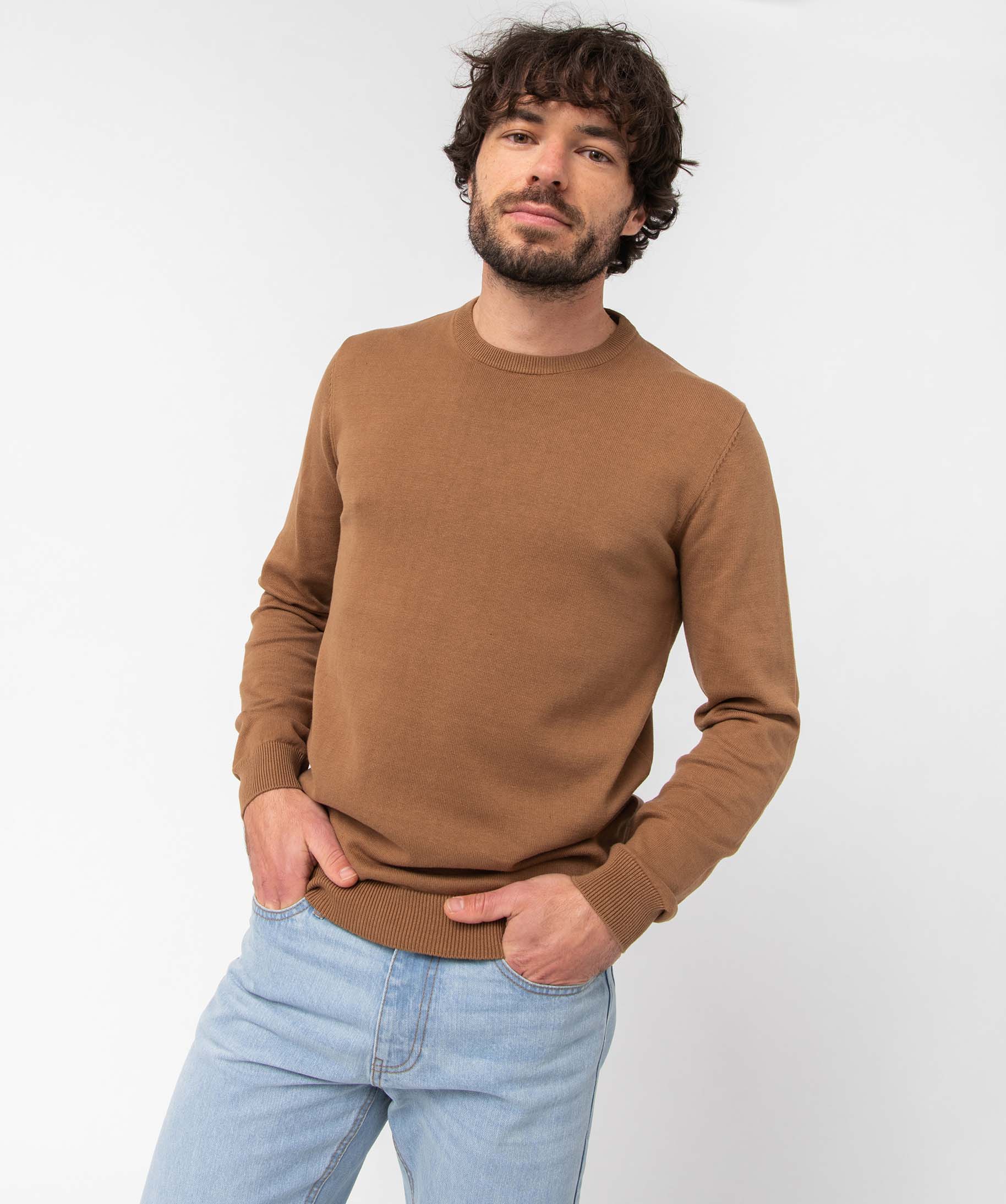 Pull homme à col rond en coton beige fonce | GEMO