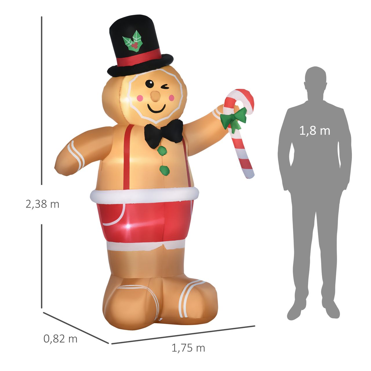 Outsunny Weihnachts Aufblasbarer Lebkuchenmann 2,38 m Weihnachtsdekoration mit LED-Lichtern und Zuckerstange Weihnachten Gärten Dekoration automatisches Aufblasen Wassderdicht Polyester Braun