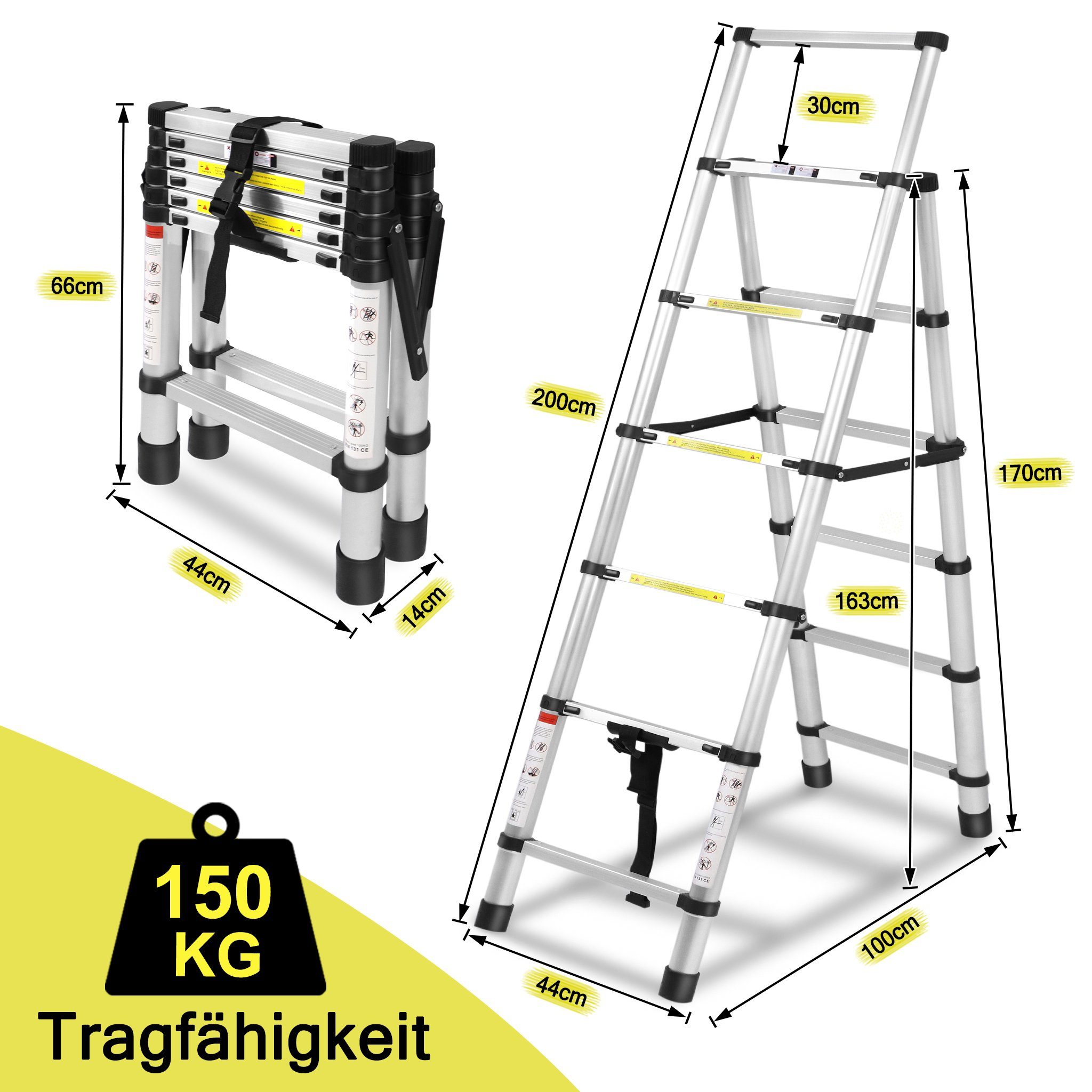 UISEBRT Teleskopleiter Klappbar Teleskopleiter Alu Mehrzweckleiter, 1,4m+1,7m