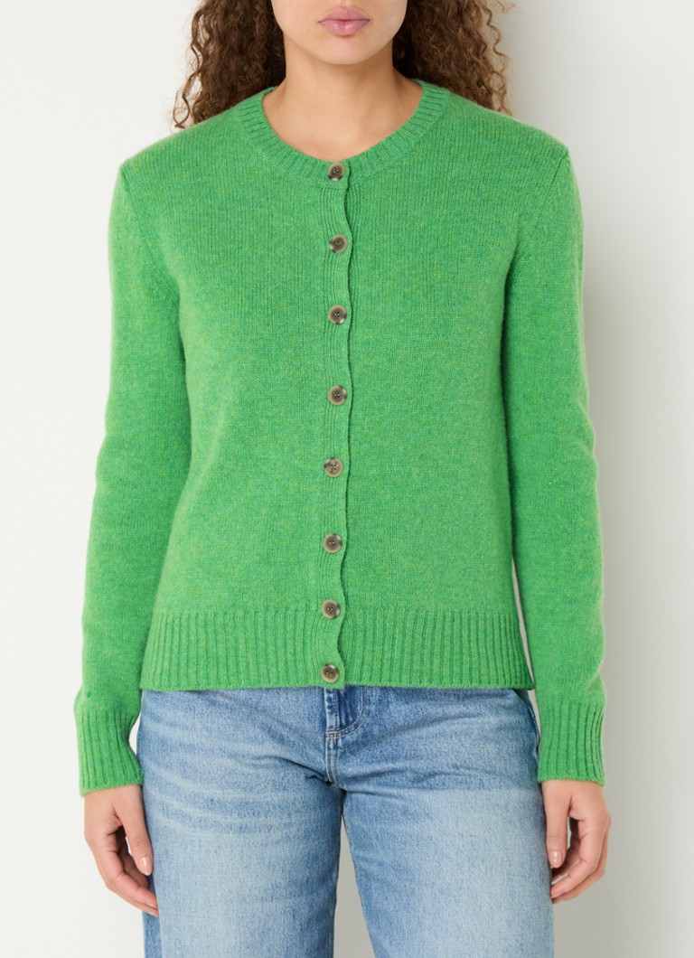 Cardigan Benetton cu guler rotund, confecționat din lână fină.