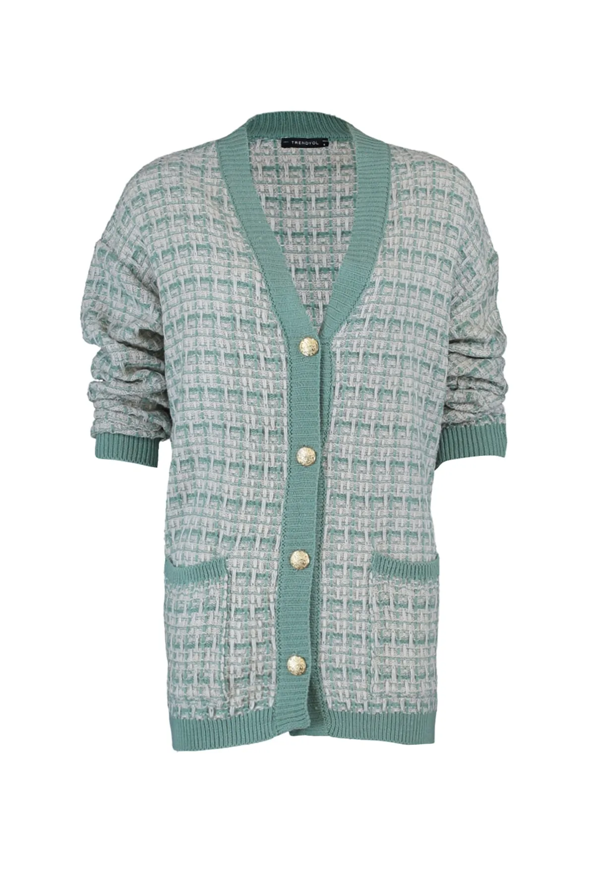 Trendyol Collection  Mintfarbene, weite Strickjacke in Tweed-Optik mit Glitzer TWOAW21HI0250