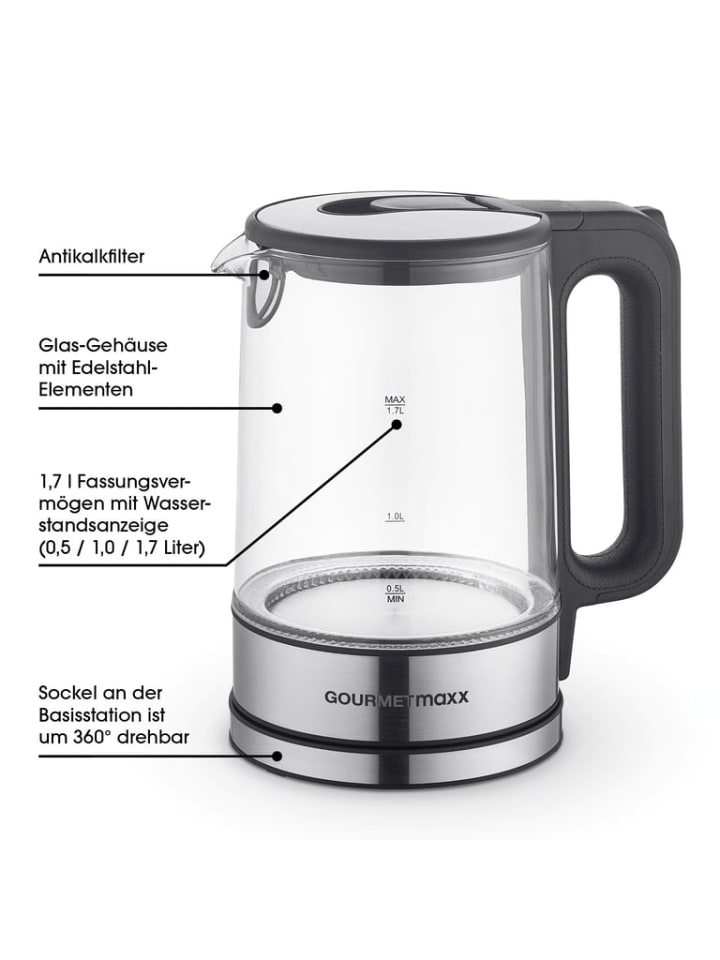 Gourmetmaxx GOURMETmaxx Glas-Wasserkocher LED 1,7l 2200W Edelstahl/schwarz kabellos günstig kaufen onesize