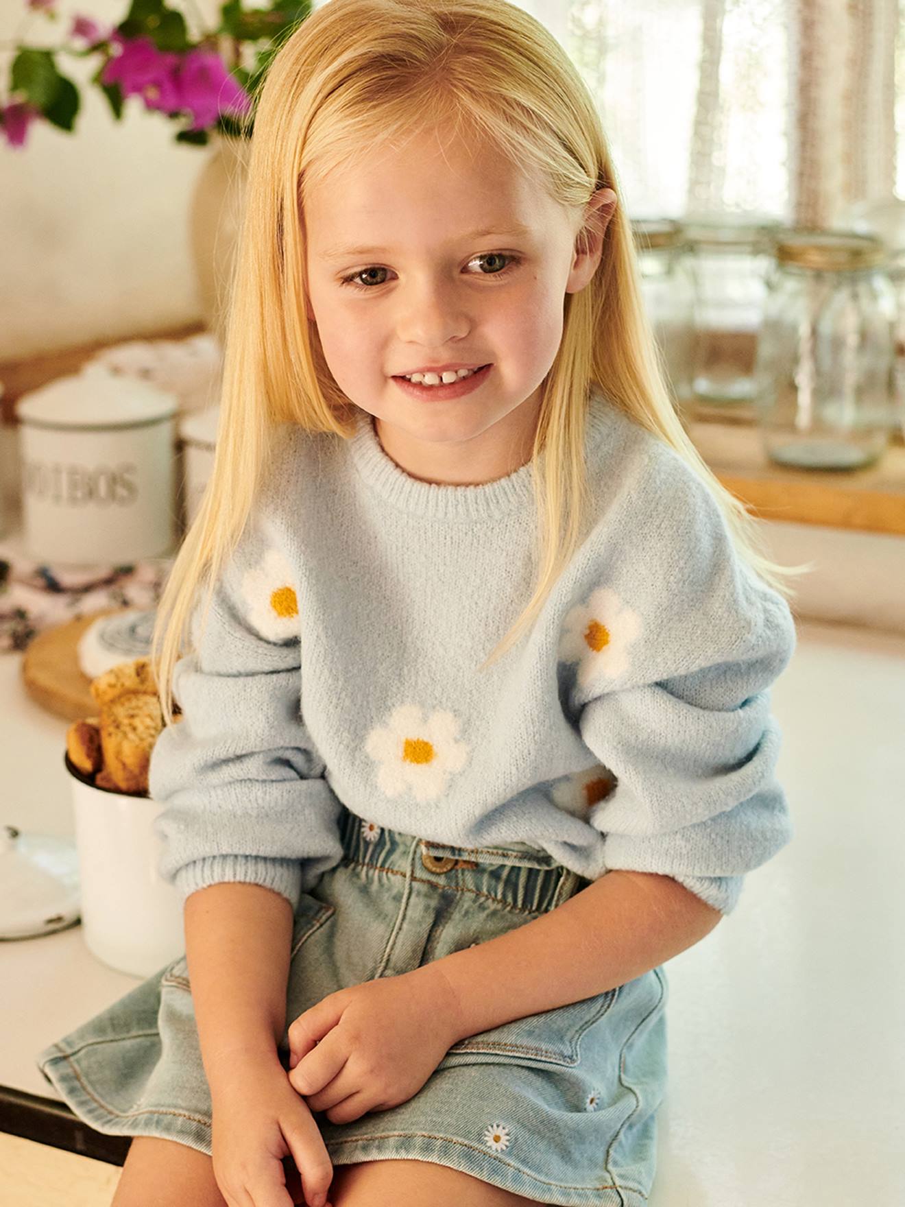 Pull jacquard duveteux fille rose
