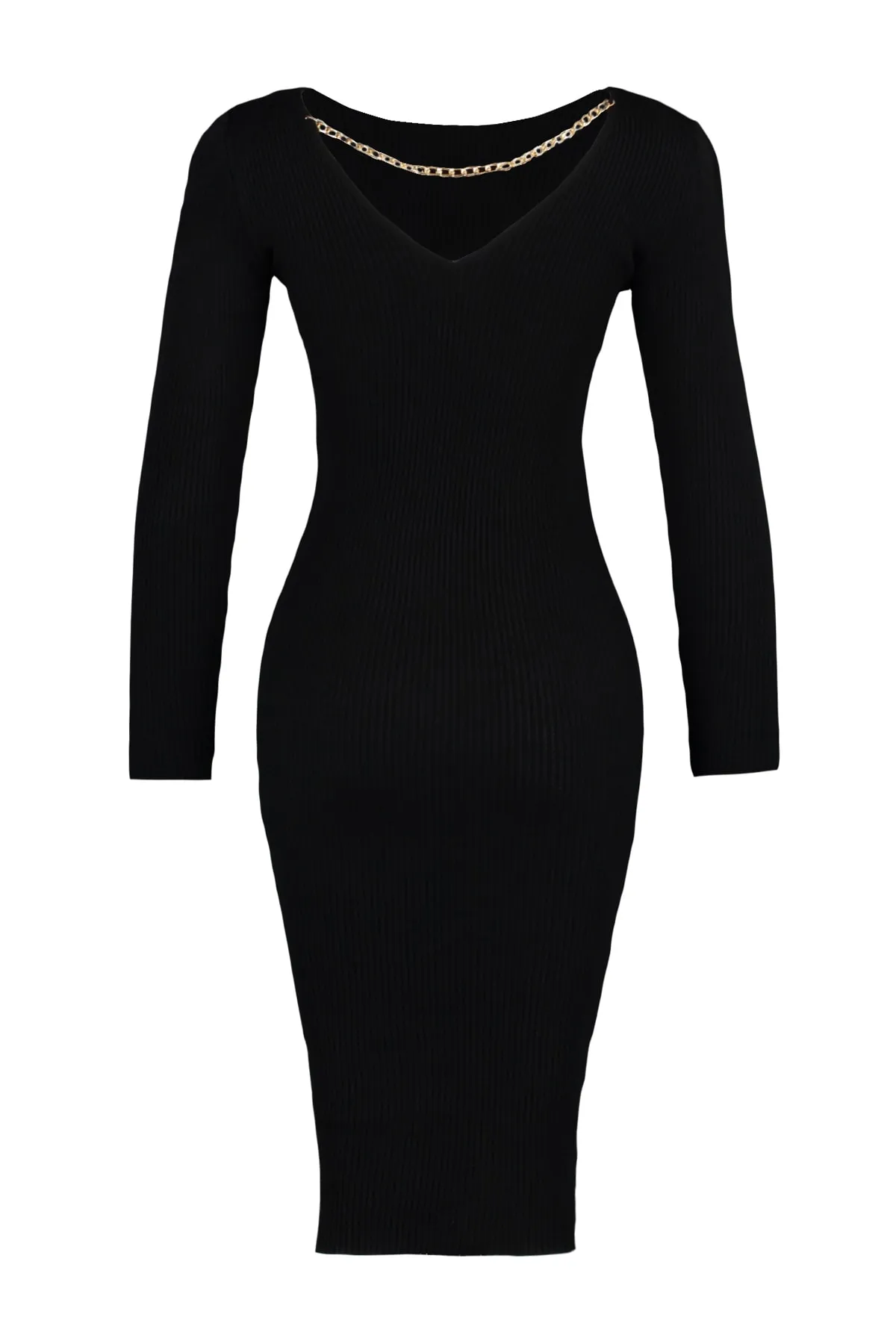 Trendyol Collection  Schwarzes, figurbetontes Midi-Strickkleid mit Rückendetail TWOAW23EL00030