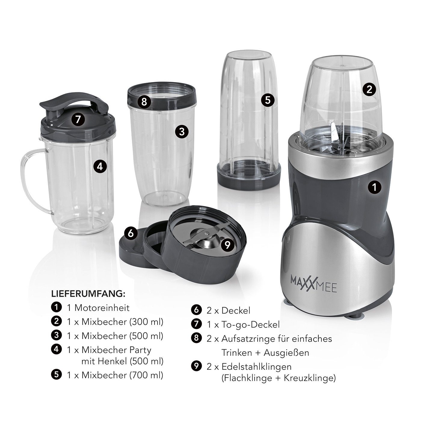 MAXXMEE Smoothie-Maker Standmixer inkl. To-Go Deckel, 380 W, 12 Teile