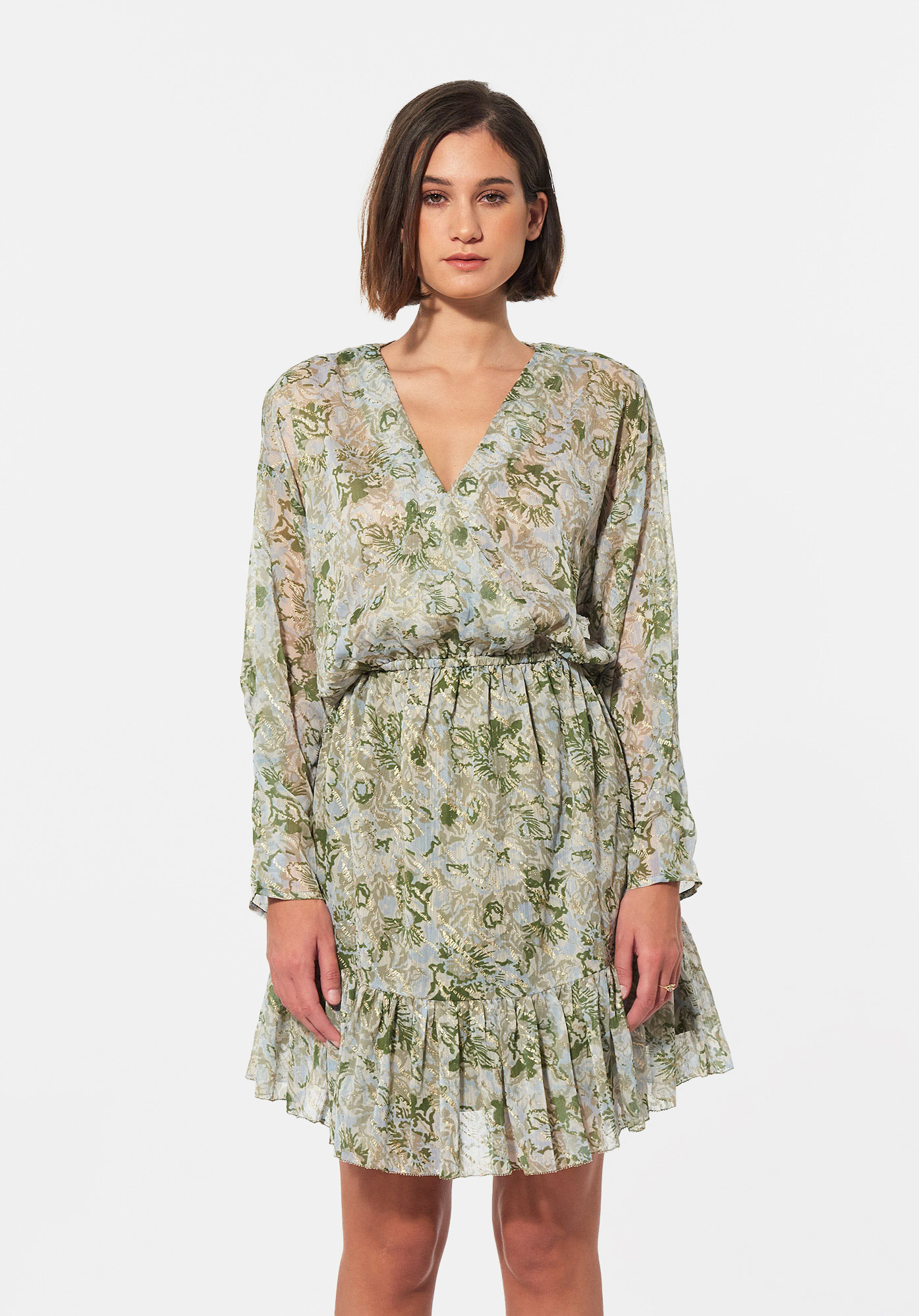 BENGU  Robe fleurie verte en 100% polyester recyclé