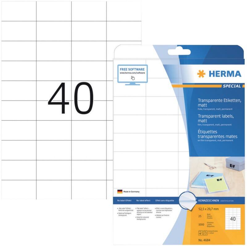 HERMA SPECIAL A4 Etiketten 4684 haftend DIN A4 Transparent 52,5 x 29,7 mm 25 Blatt à 40 Etiketten