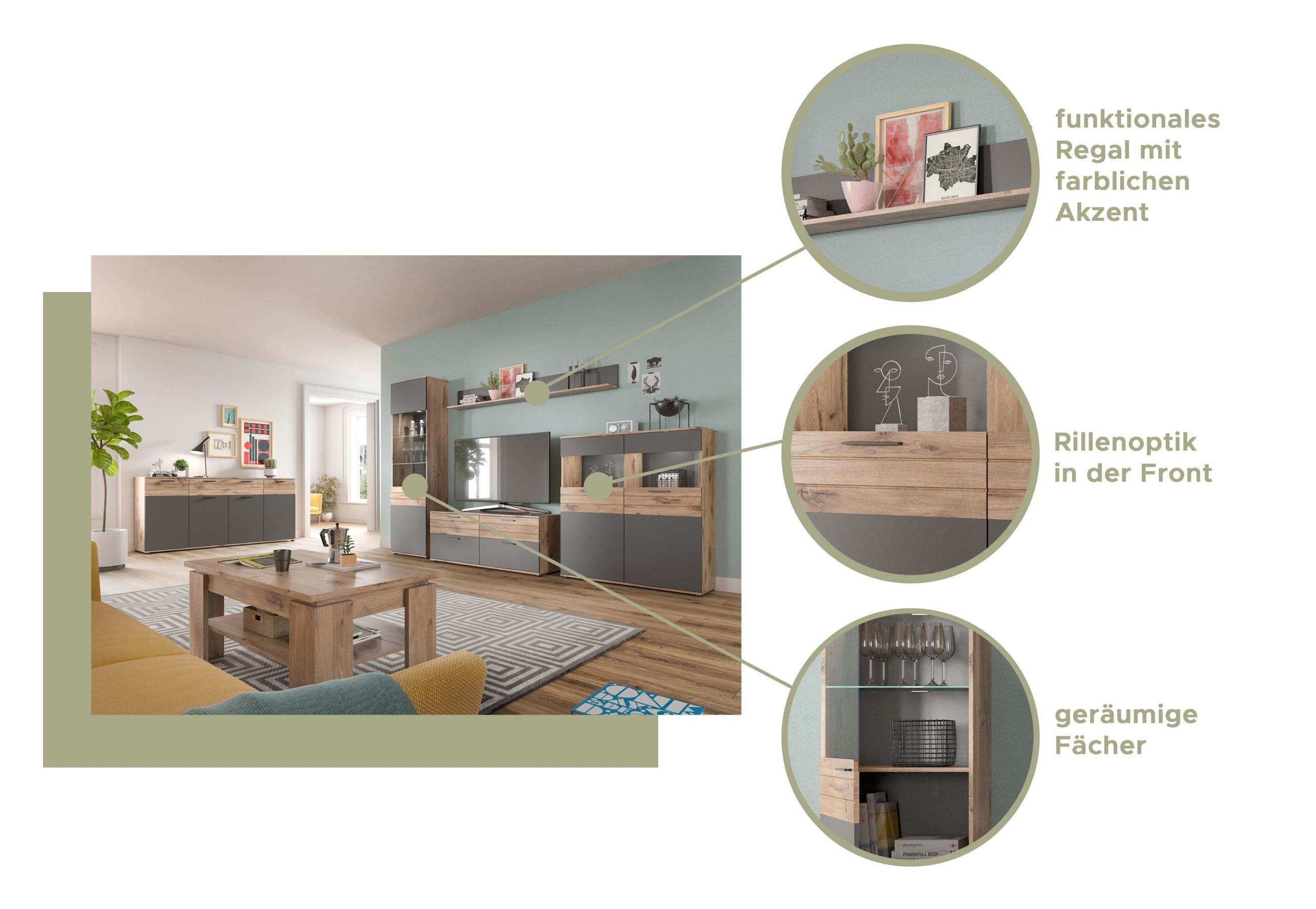 xonox.home Wohnwand Wohnwand MASON W01 4-teilig - Eiche und Basalt grau, (Komplett-Set, 4-St., Vitrine, Lowboard, Highboard, Wandboard)
