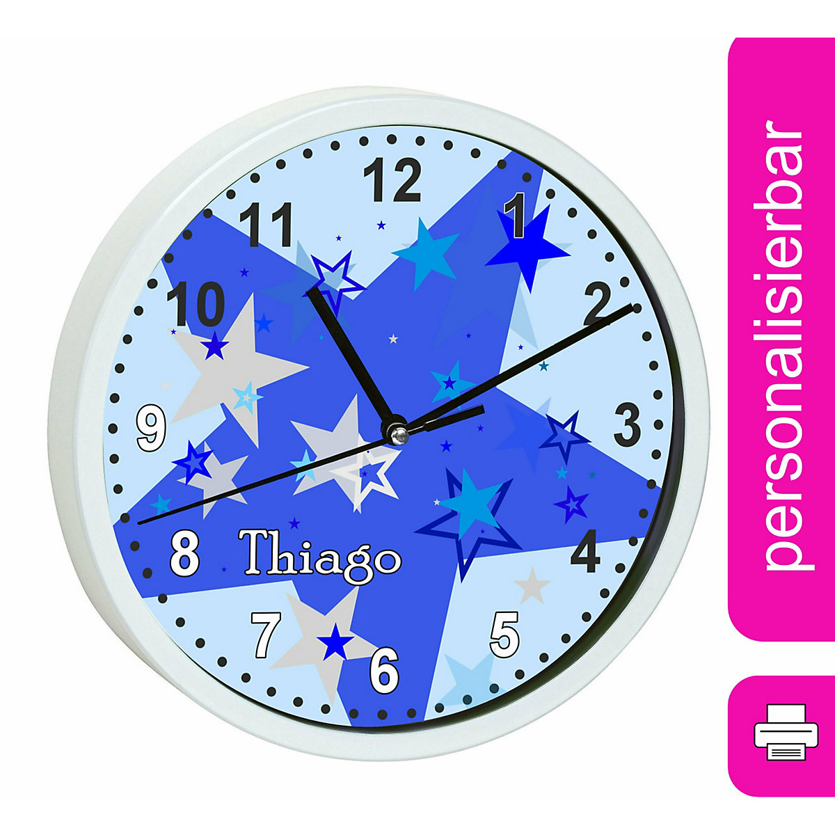 Kinder Wanduhr personalisiert mit Name Sternenhimmel Blau Grau