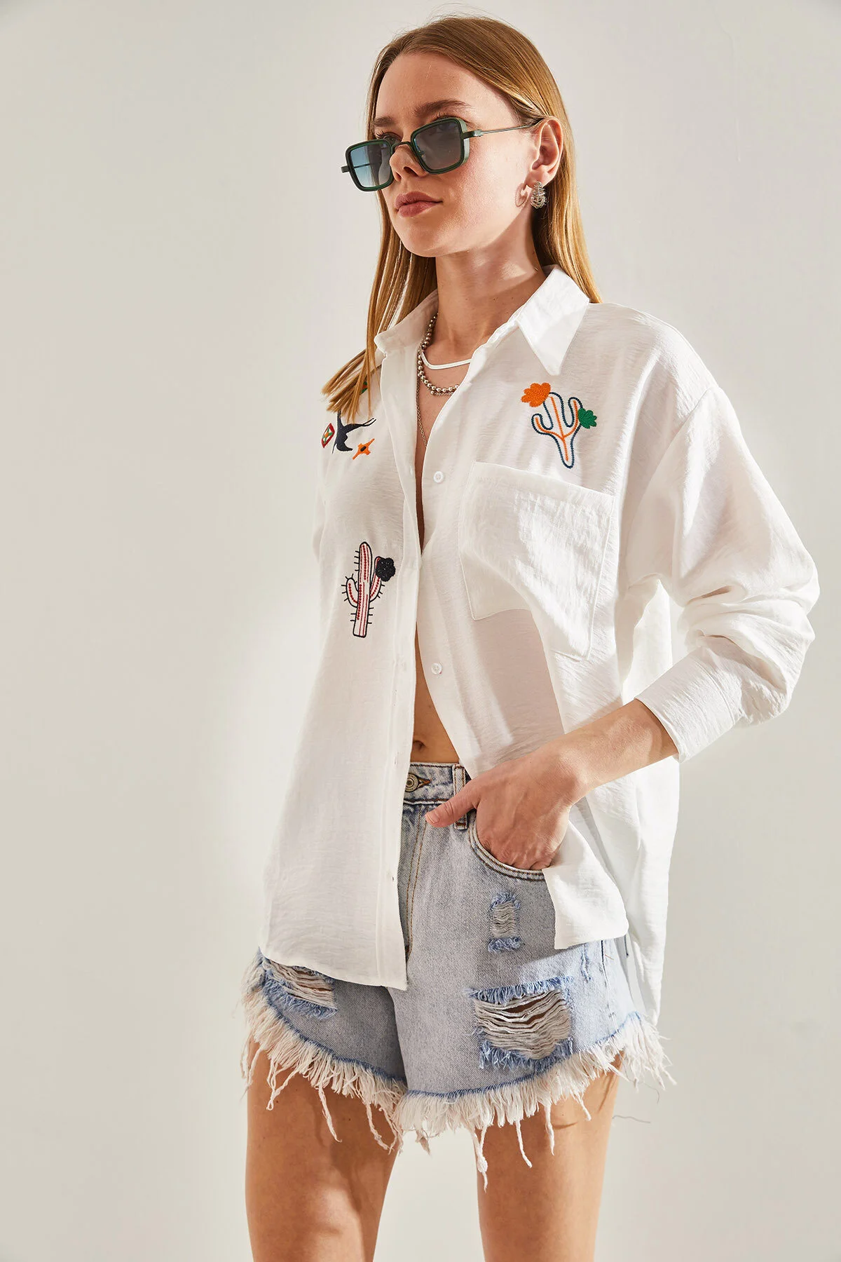 Bianco Lucci  Damen besticktes Leinenhemd