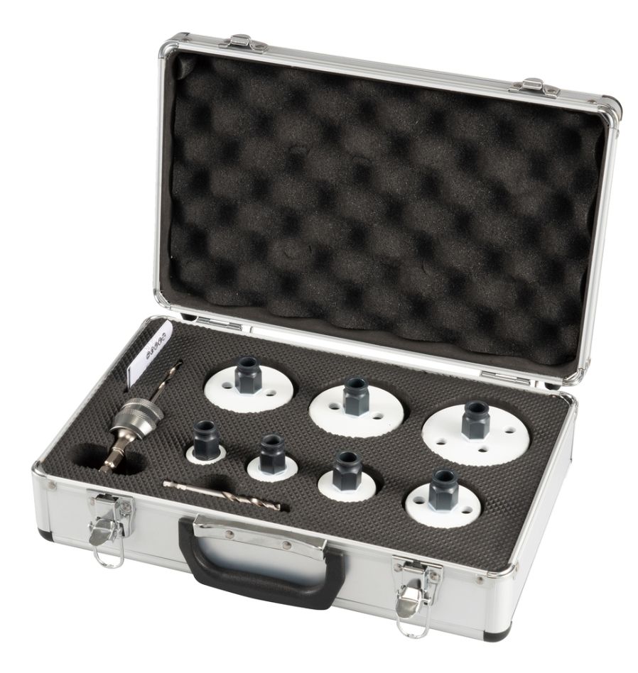 Conjunto de serras copo Makita E-15796 com 8 peças, tamanhos 35, 44, 54, 76, 95 e 114 mm, para madeira/metal, sistema Ezychange, em estojo.