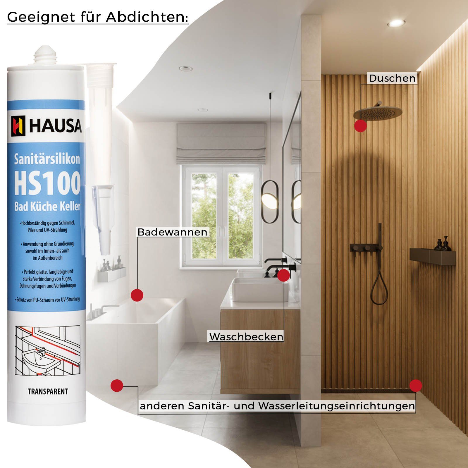 Hausa Silikon schimmelresistent, Sanitär Silikon HS100, Kartusche 310 ml, (Dichtmasse Fuge, 1-tlg., Verfugen Bad Dusche Küche acetatvernetzend), antischimmel Sanitär Silikon zum Abdichten
