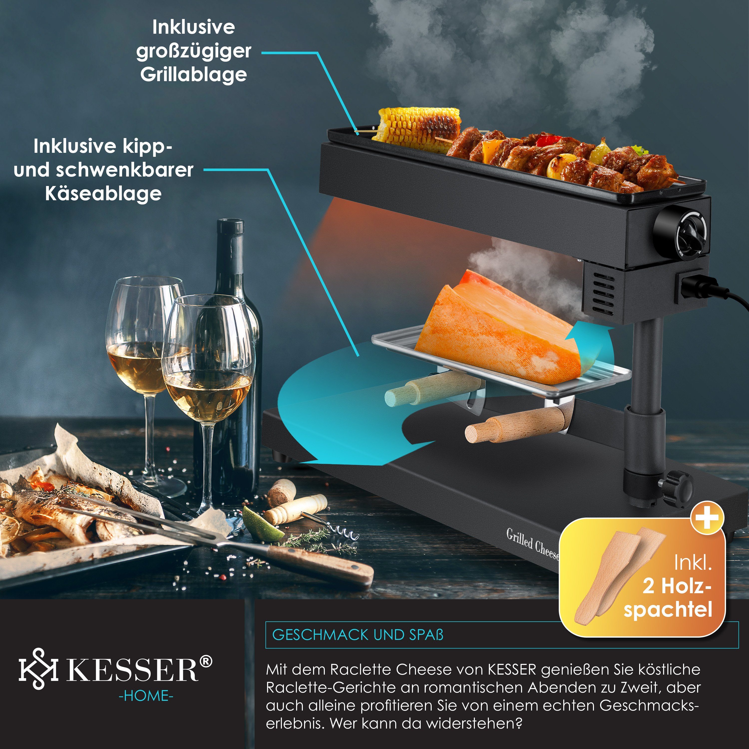 KESSER Raclette, 600 W, Raclette Grill 2in1 Käse-Raclette Käseschmelzer, Tischgrill