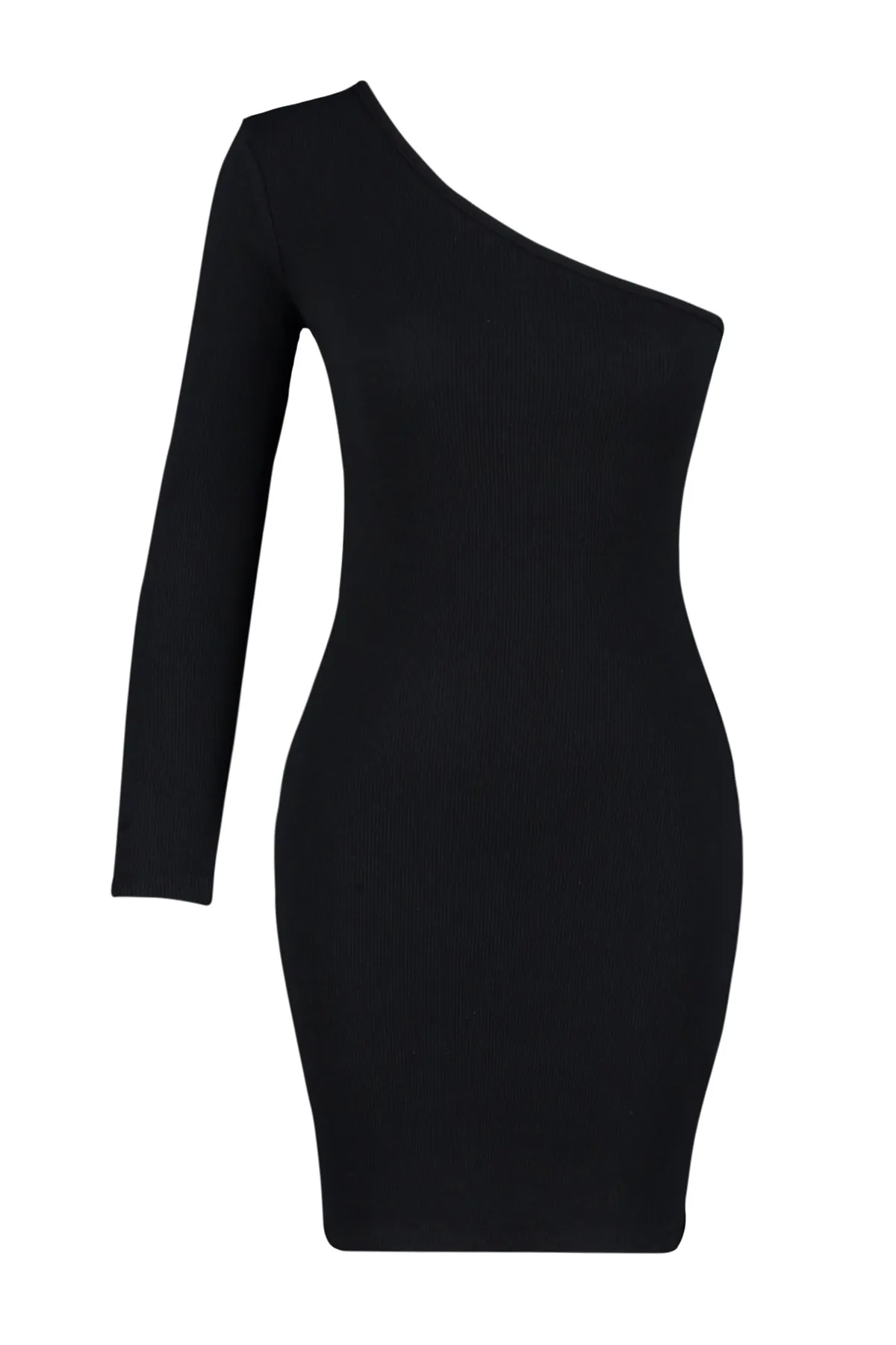 Trendyol Collection  Schwarzes, geripptes One-Shoulder-Taillentes/tailliertes, dehnbares Mini-Strick-Bleistiftkleid TWOAW24EL00181