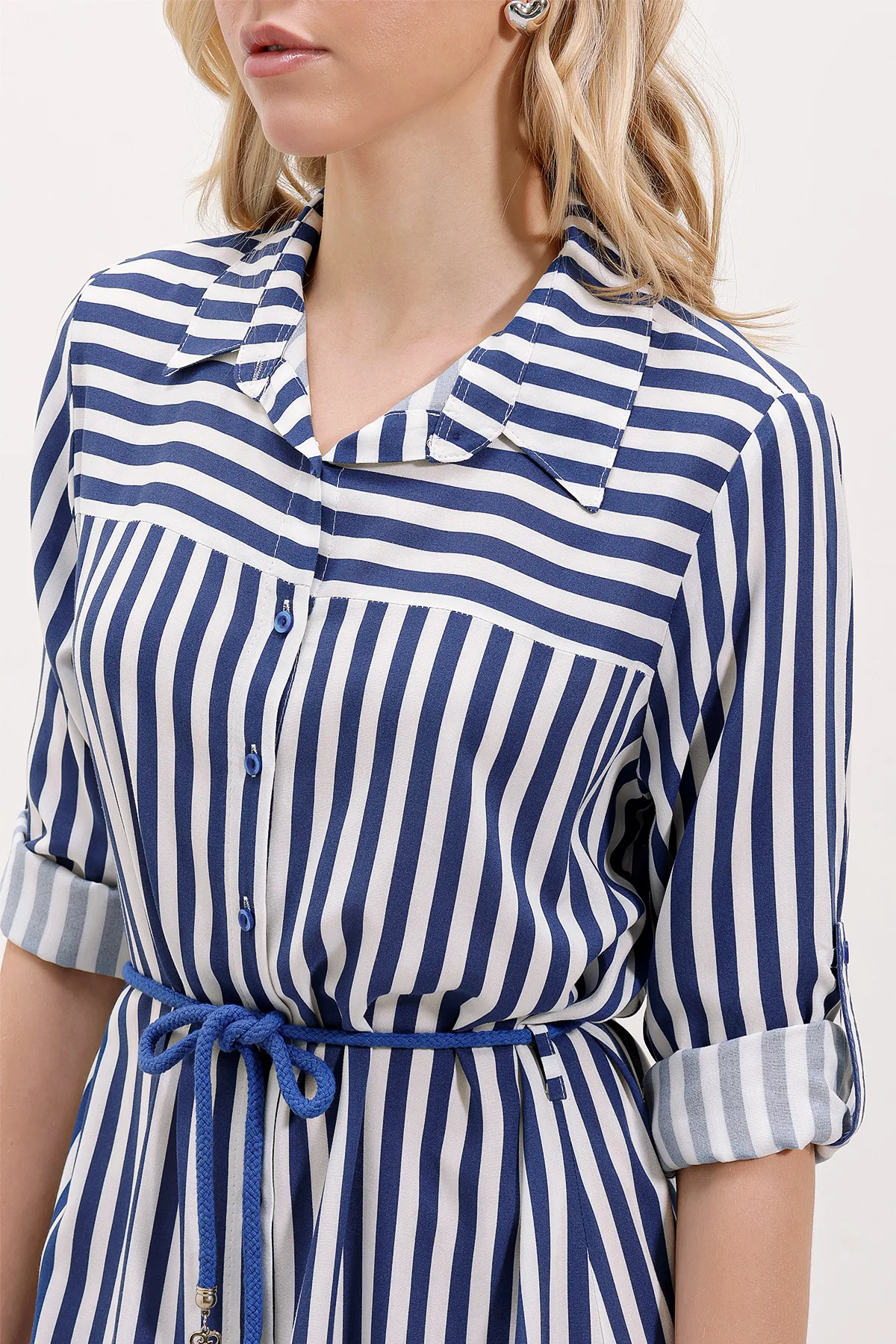 Bigdart  5629 Gestreiftes Kleid mit Gürtel - Blau