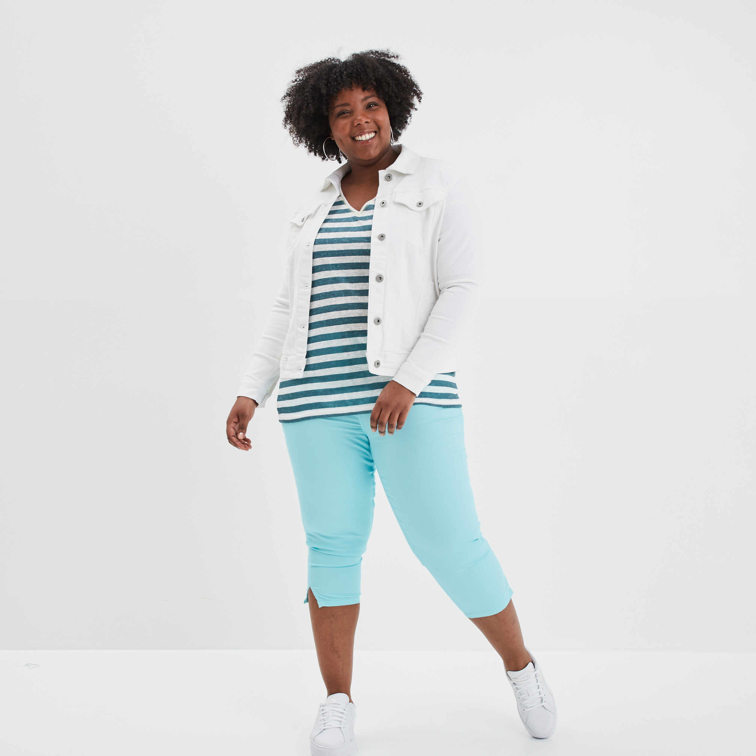 Blouson droit en jean denim blanc femme grande taille | La Halle