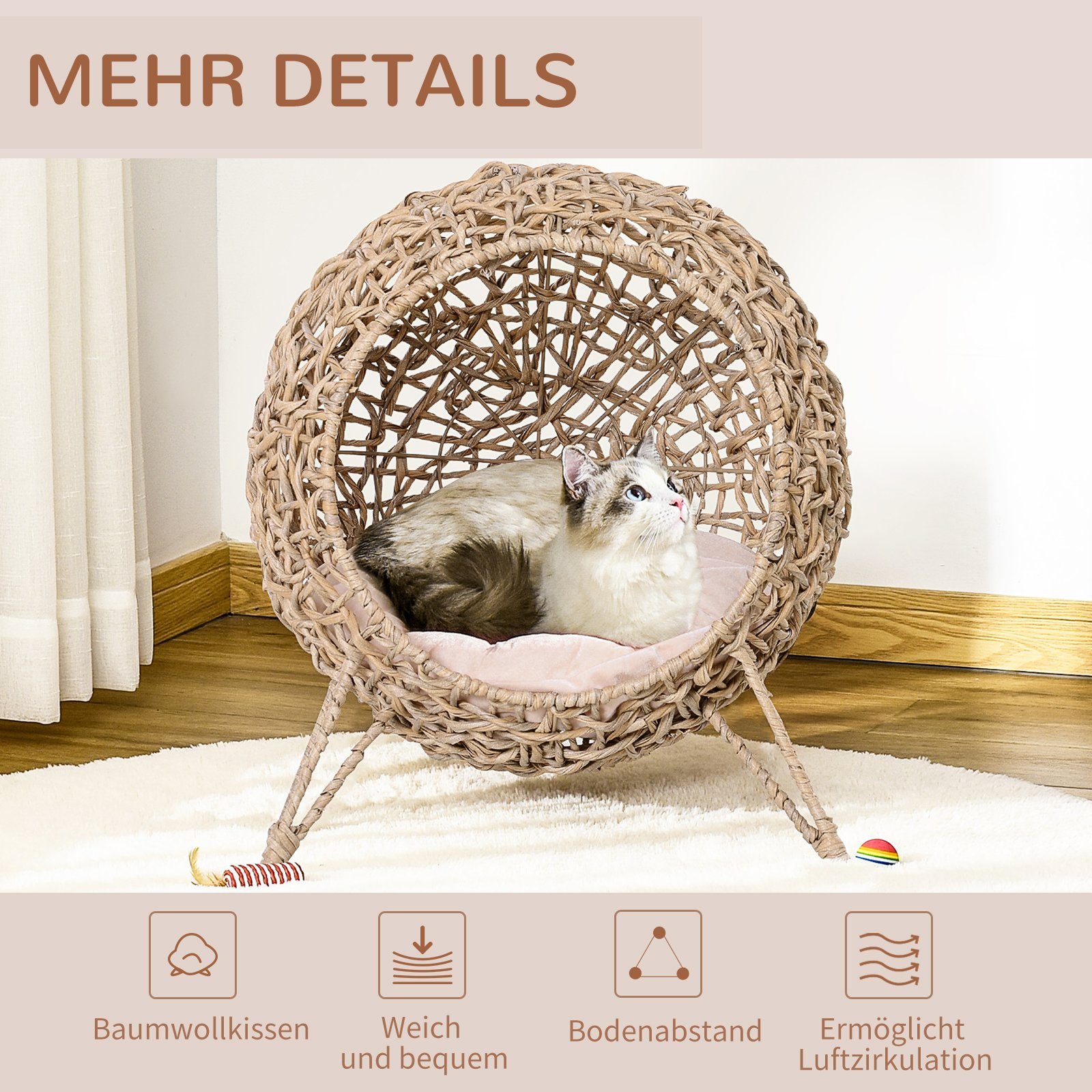 PawHut Tierhaus Katzenhaus aus PE-Rattan mit Kissen, erhöhten Füßen PE-Rattan Natur, Ø52 x 58H cm